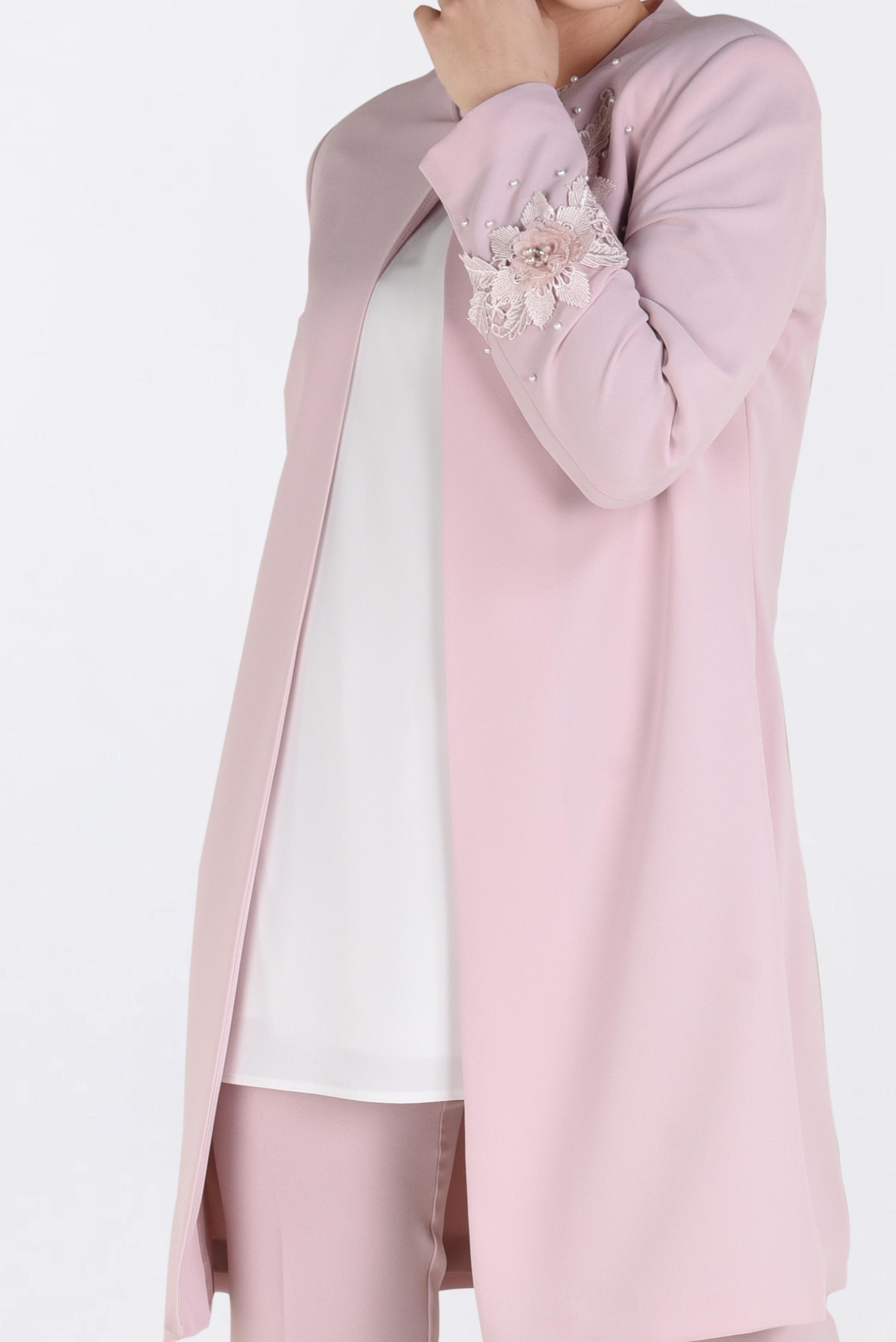 Tesettür giyim PUDRA ÇİÇEK GÜPÜR DETAYLI İNCİLİ ÜÇLÜ PANTOLON TAKIM 3460