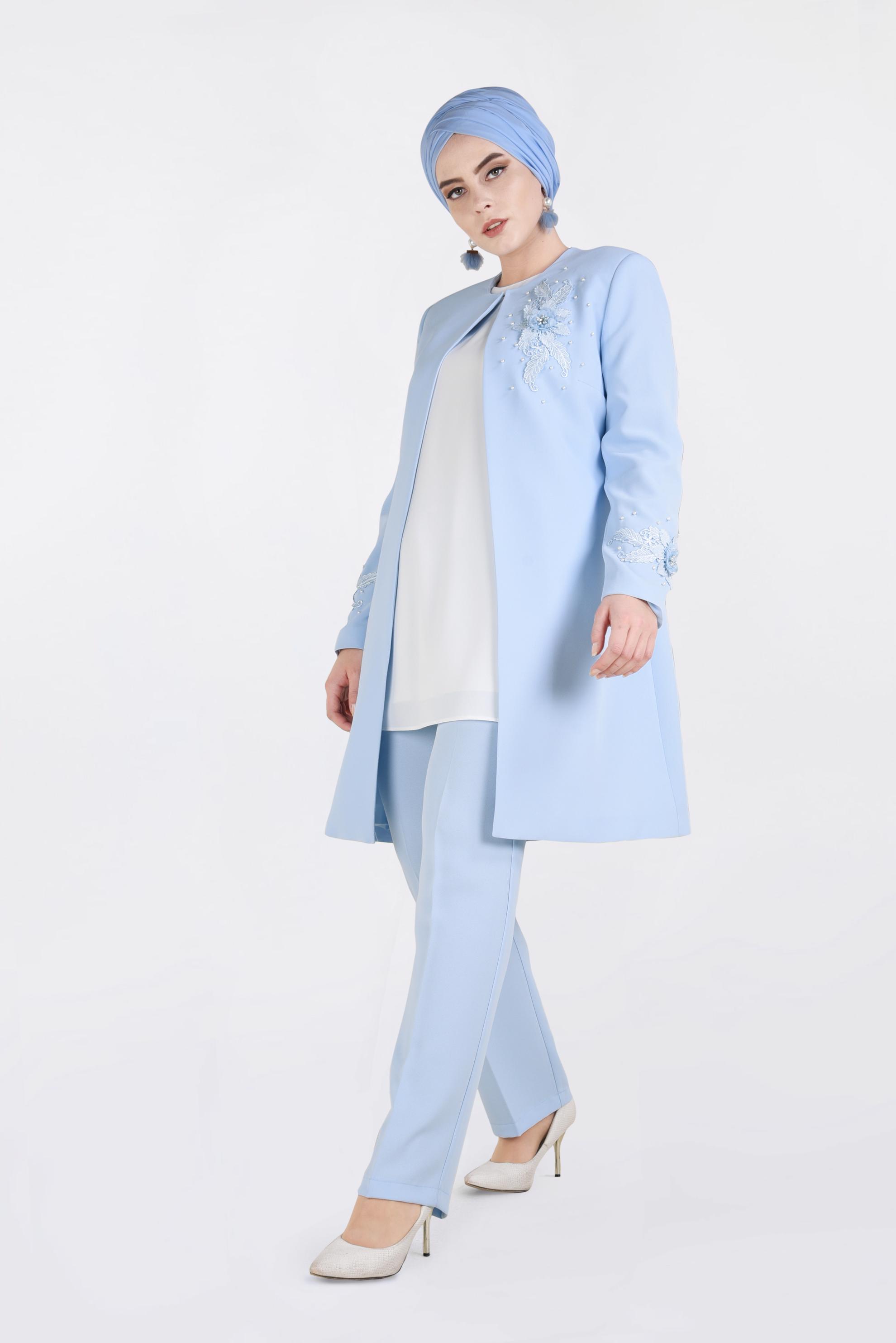 Tesettür giyim MAVİ ÇİÇEK GÜPÜR DETAYLI İNCİLİ ÜÇLÜ PANTOLON TAKIM 3460