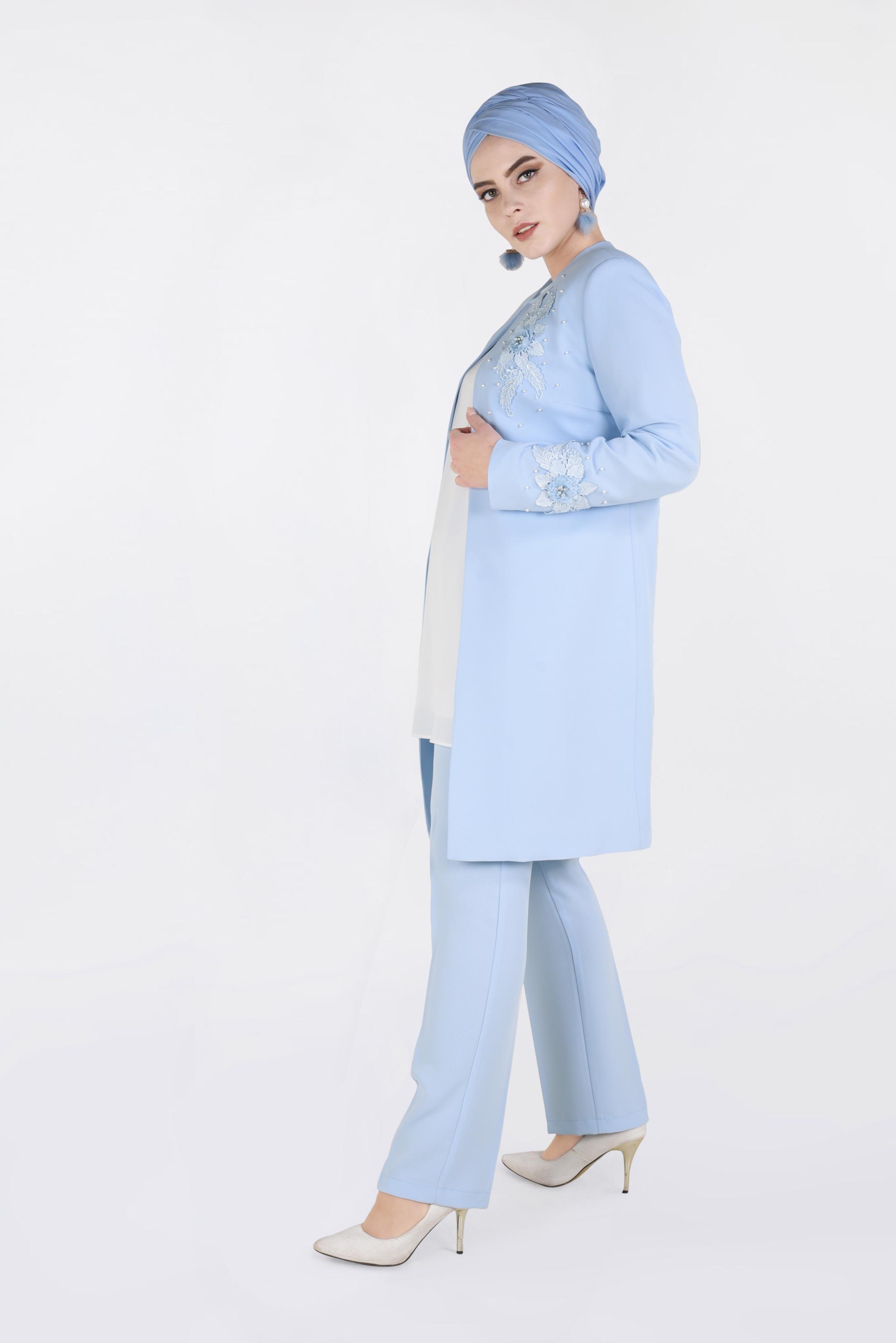 Tesettür giyim MAVİ ÇİÇEK GÜPÜR DETAYLI İNCİLİ ÜÇLÜ PANTOLON TAKIM 3460