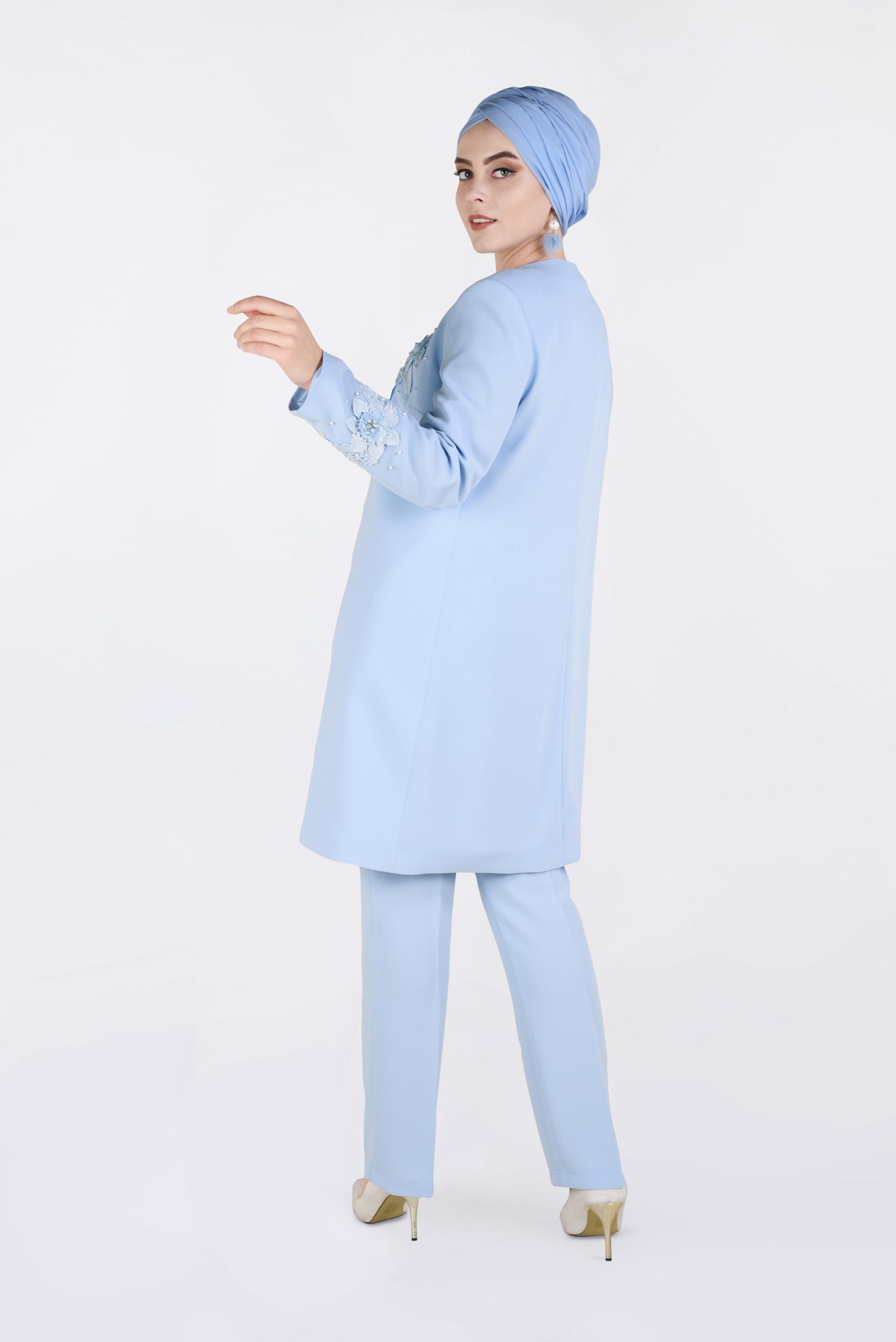 Tesettür giyim MAVİ ÇİÇEK GÜPÜR DETAYLI İNCİLİ ÜÇLÜ PANTOLON TAKIM 3460