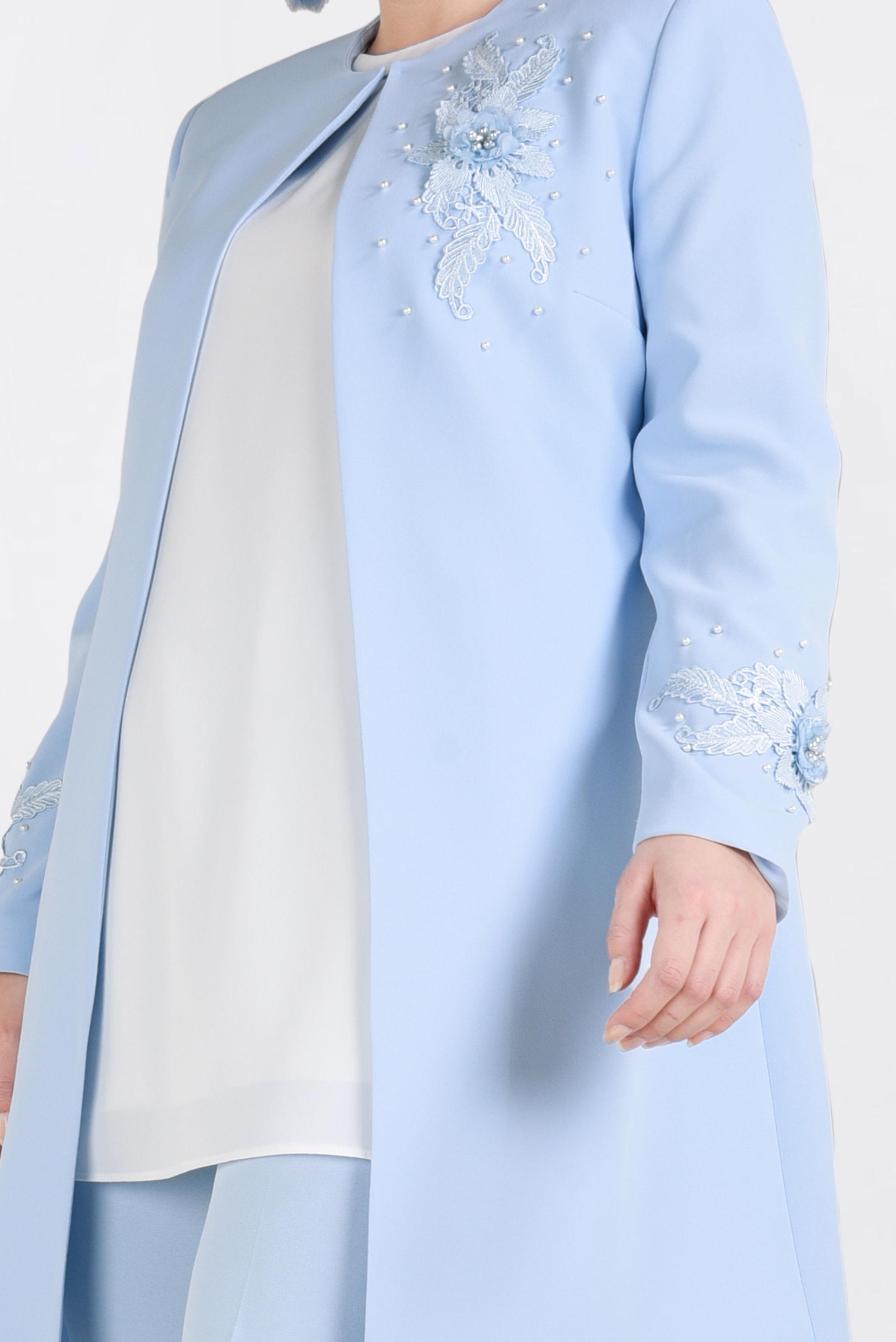 Tesettür giyim MAVİ ÇİÇEK GÜPÜR DETAYLI İNCİLİ ÜÇLÜ PANTOLON TAKIM 3460