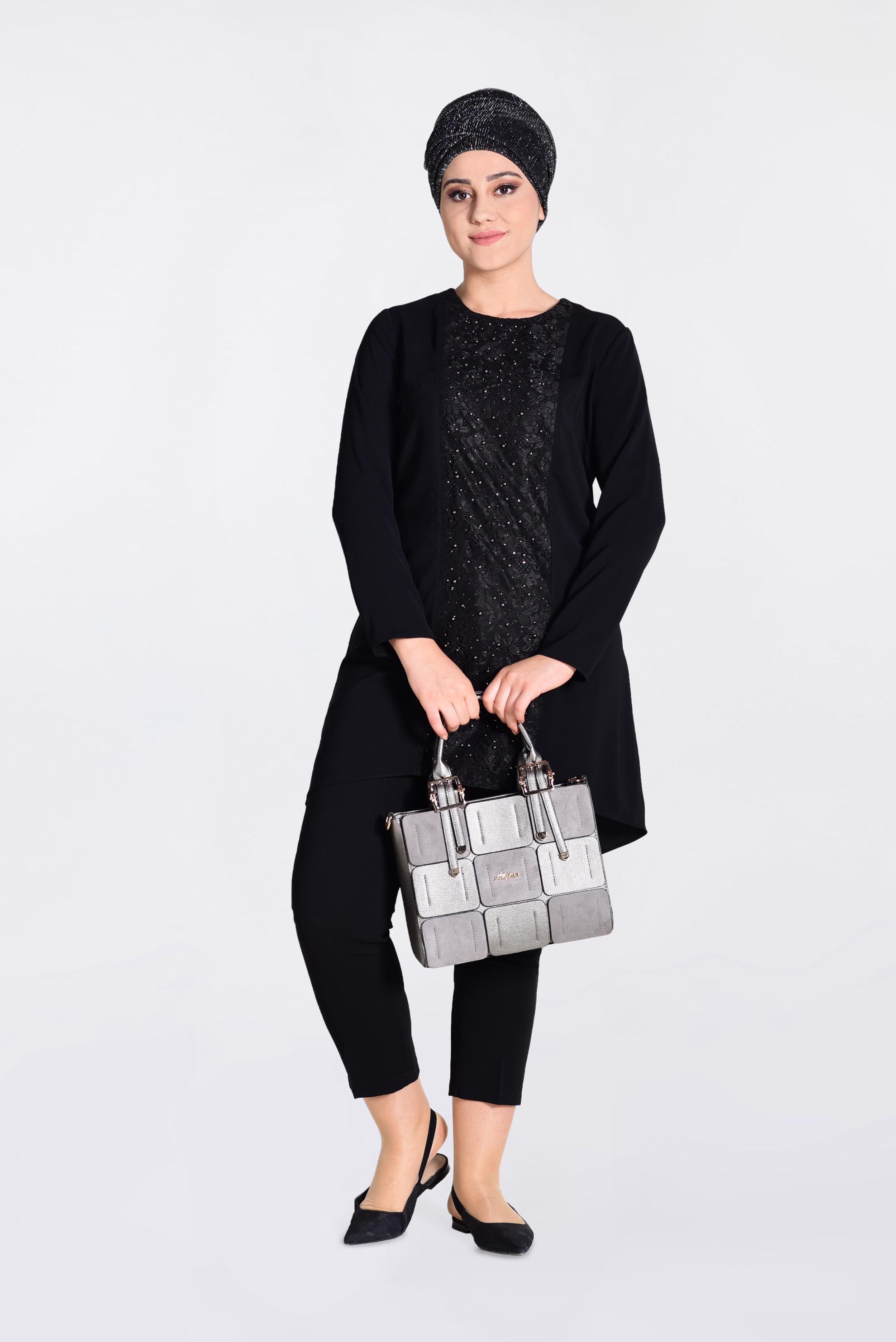 Tesettür giyim SİYAH İNCİ İŞLEMELİ GÜPÜR DETAYLI 2&prime;Lİ PANT.TAKIM 3474 