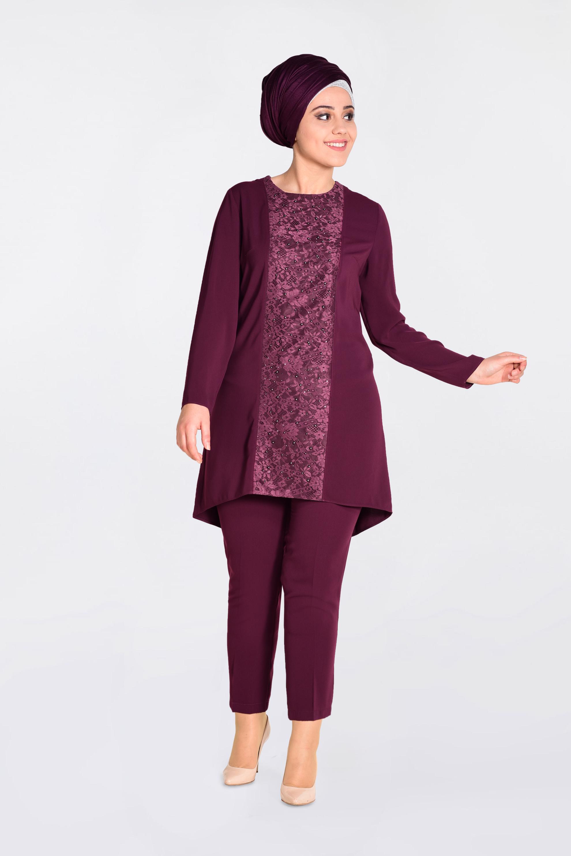 Tesettür giyim MÜRDÜM İNCİ İŞLEMELİ GÜPÜR DETAYLI 2&prime;Lİ PANT.TAKIM 3474 
