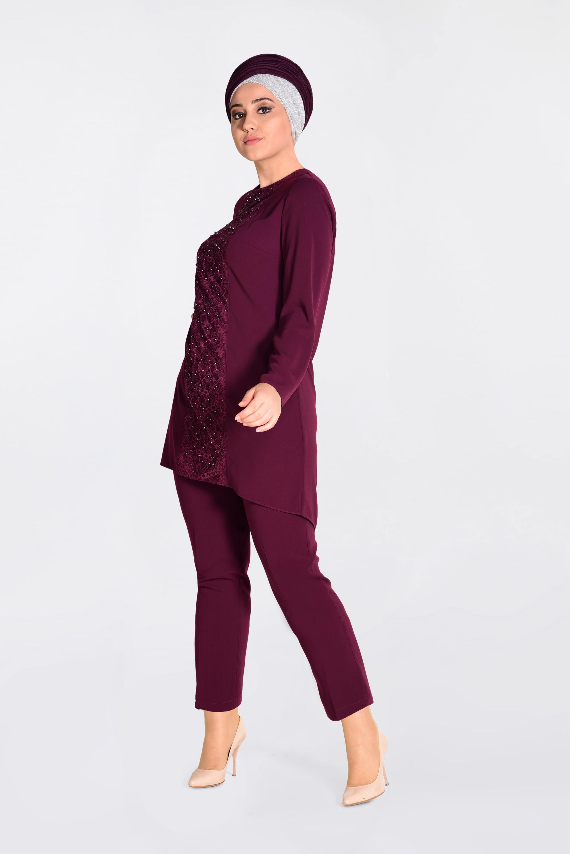 Tesettür giyim MÜRDÜM İNCİ İŞLEMELİ GÜPÜR DETAYLI 2&prime;Lİ PANT.TAKIM 3474 