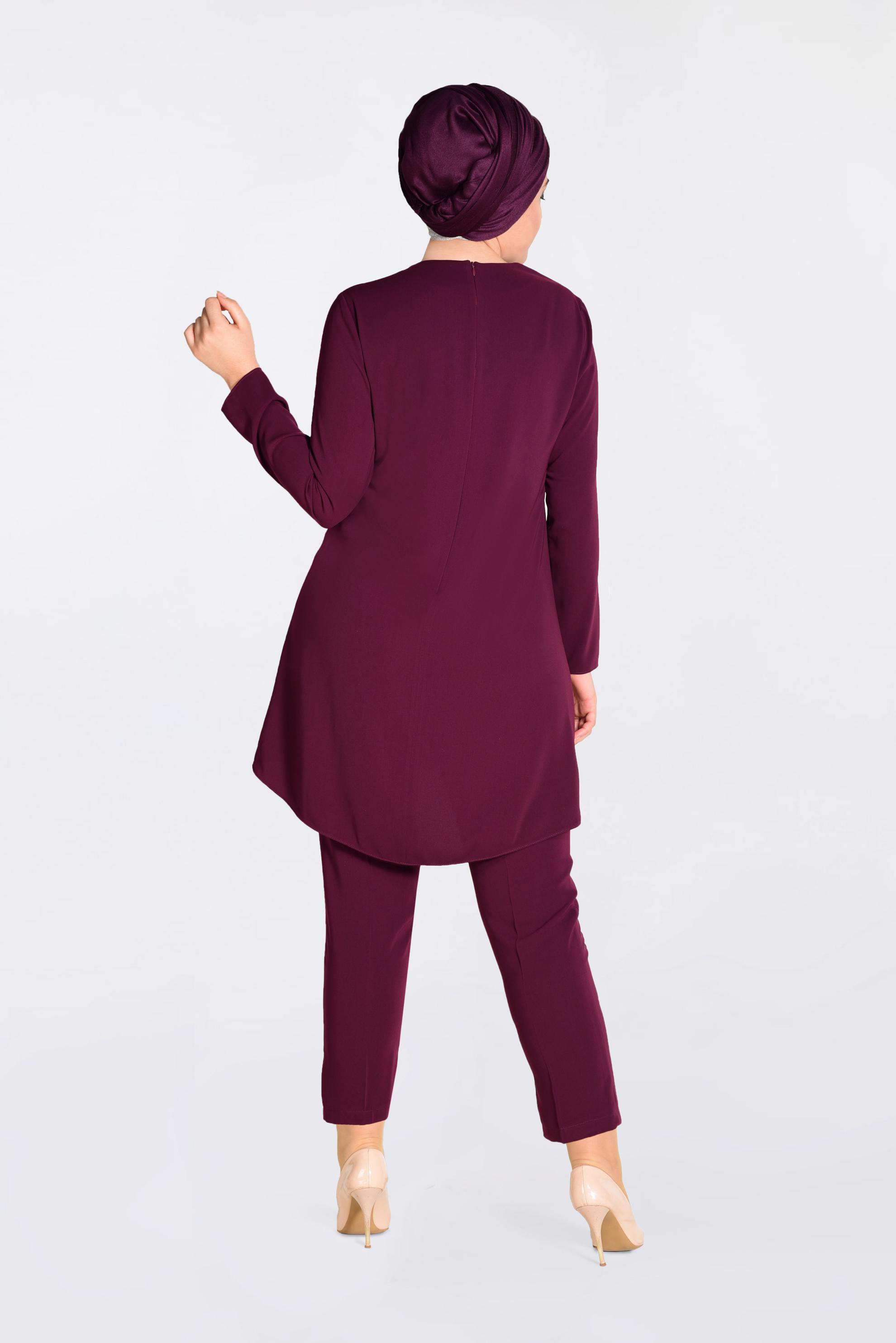 Tesettür giyim MÜRDÜM İNCİ İŞLEMELİ GÜPÜR DETAYLI 2&prime;Lİ PANT.TAKIM 3474 