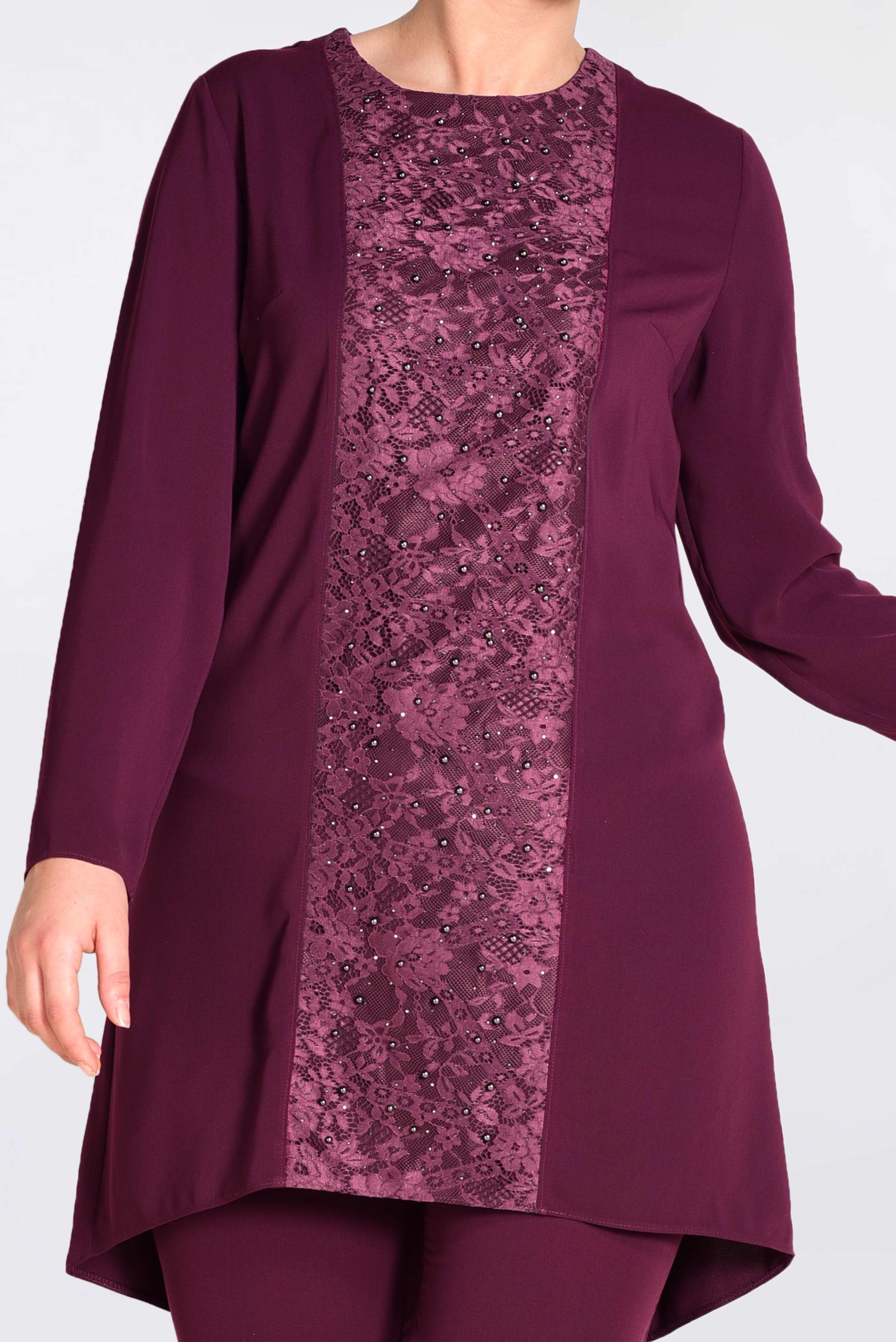 Tesettür giyim MÜRDÜM İNCİ İŞLEMELİ GÜPÜR DETAYLI 2&prime;Lİ PANT.TAKIM 3474 