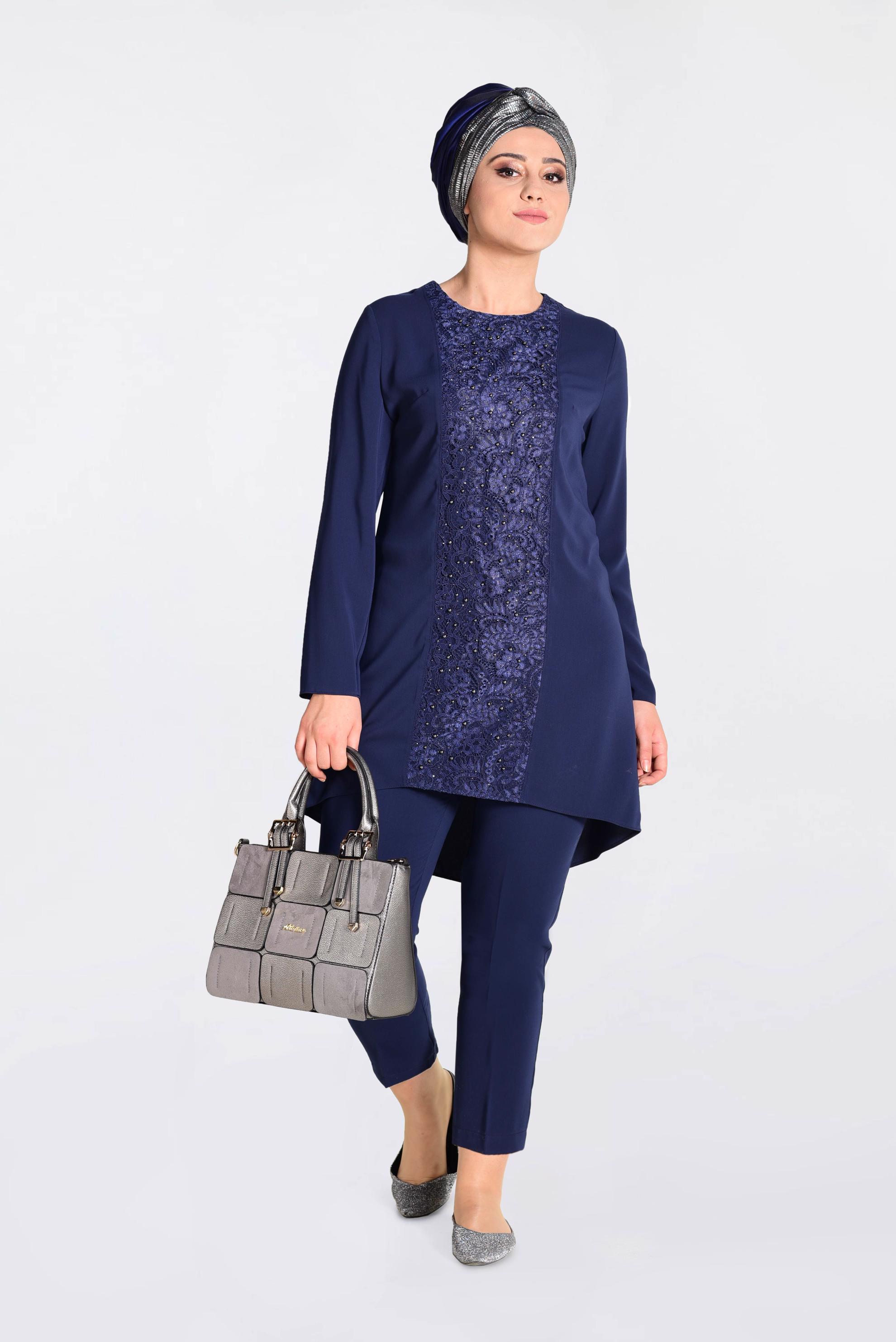 Tesettür giyim LACİVERT İNCİ İŞLEMELİ GÜPÜR DETAYLI 2&prime;Lİ PANT.TAKIM 3474 