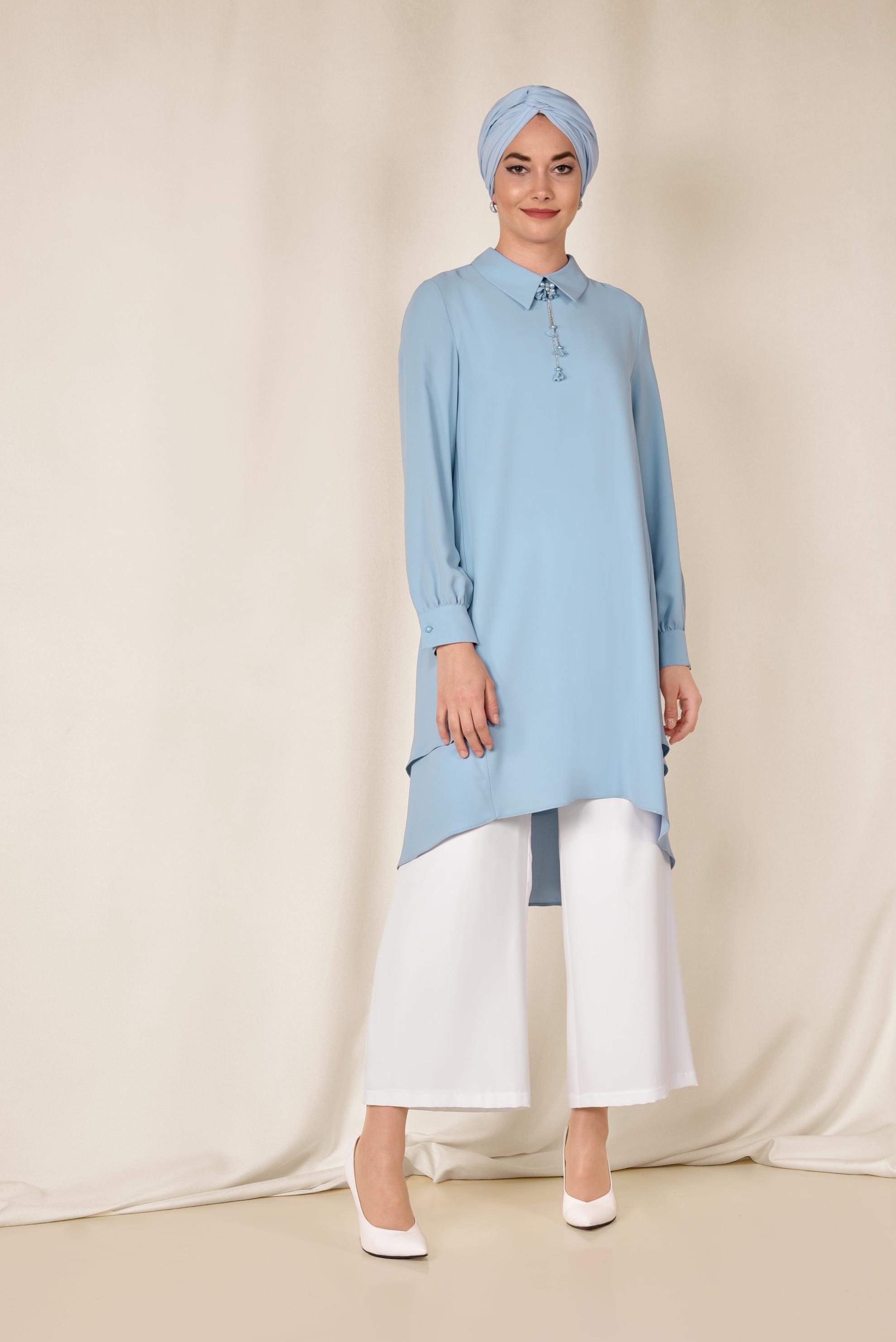 Tesettür giyim MAVİ ASİMETRİK KESİM VOLANLI 2&prime;Lİ PANTOLONLU TAKIM 3502