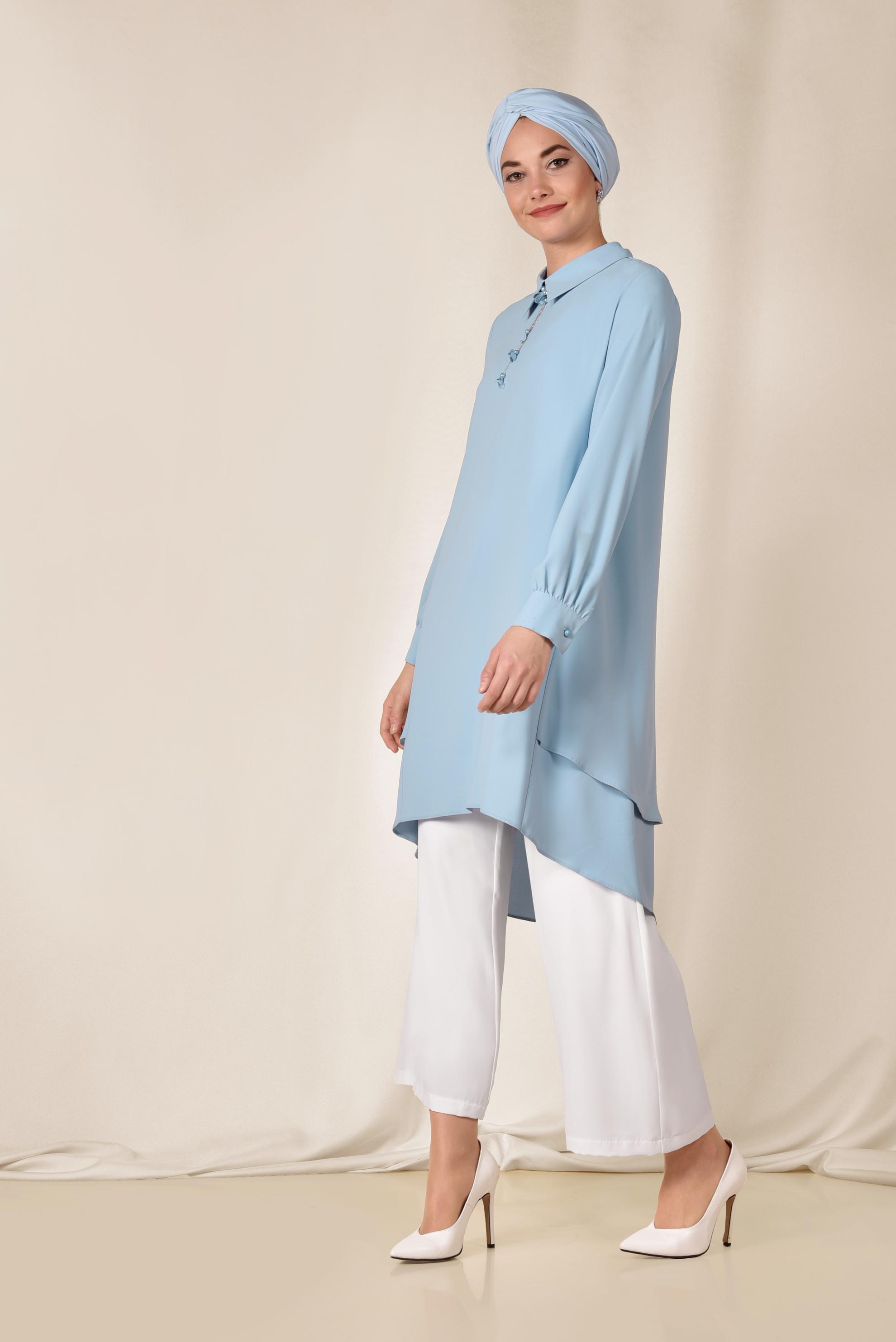 Tesettür giyim MAVİ ASİMETRİK KESİM VOLANLI 2&prime;Lİ PANTOLONLU TAKIM 3502