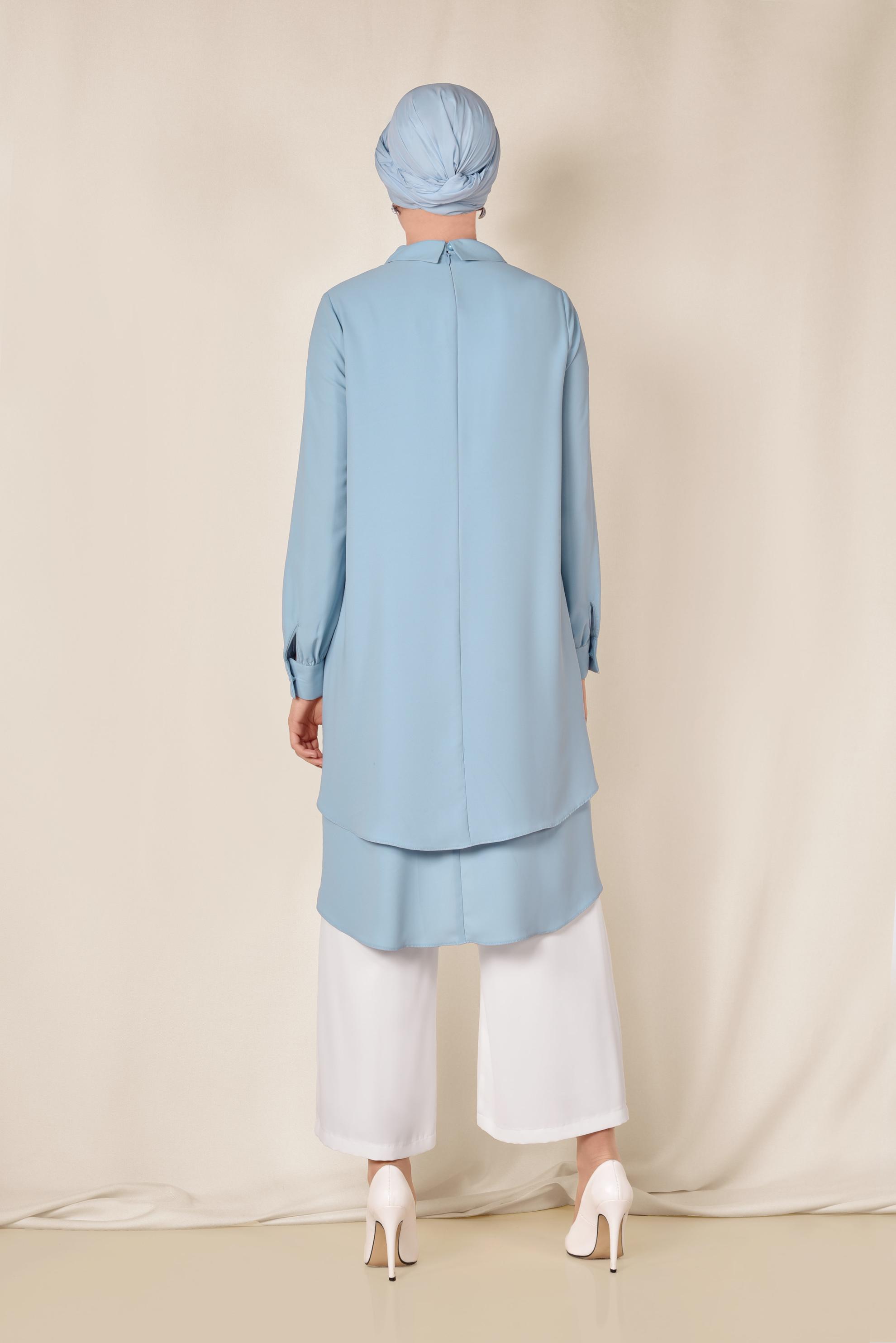 Tesettür giyim MAVİ ASİMETRİK KESİM VOLANLI 2&prime;Lİ PANTOLONLU TAKIM 3502