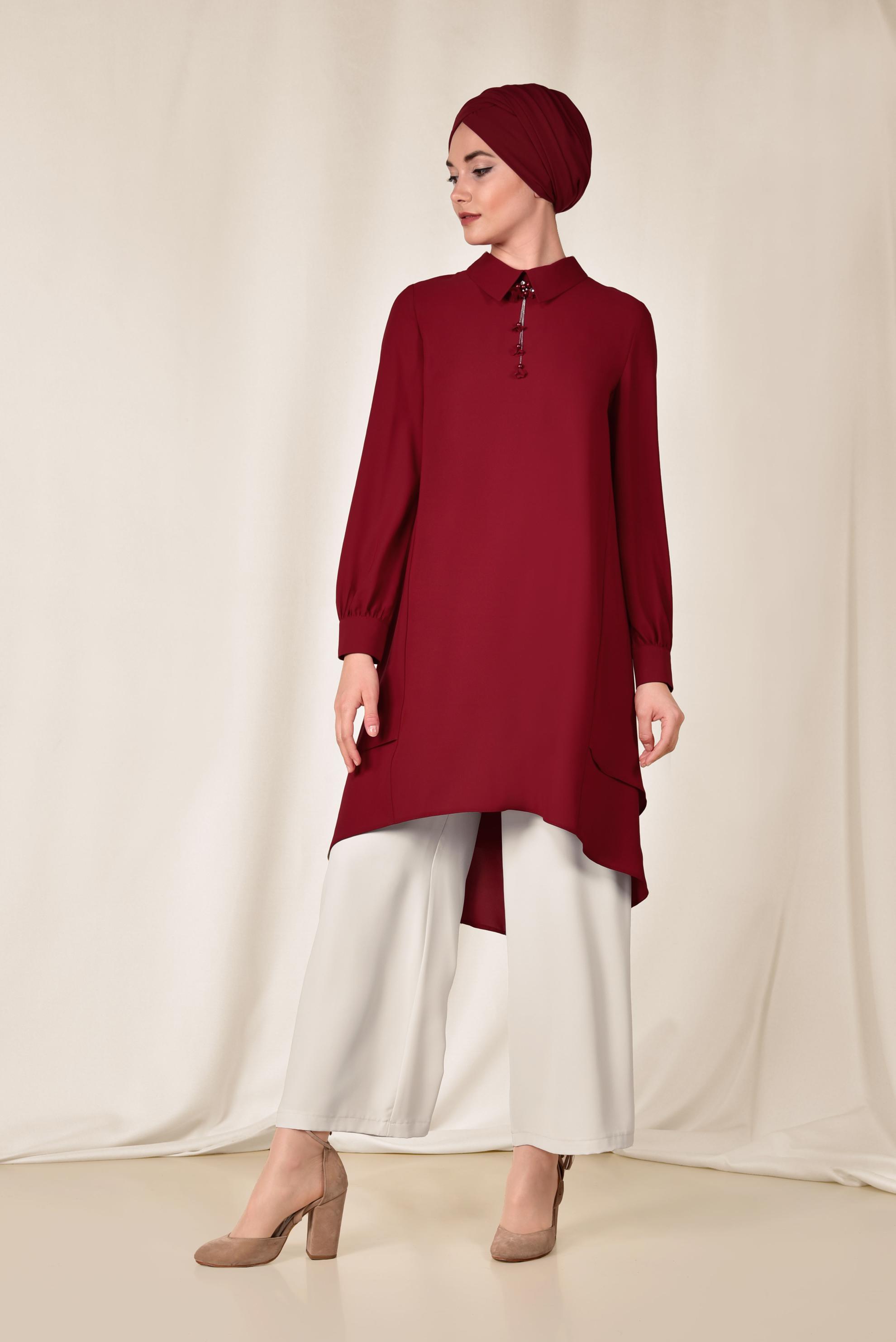 Tesettür giyim BORDO ASİMETRİK KESİM VOLANLI 2&prime;Lİ PANTOLONLU TAKIM 3502