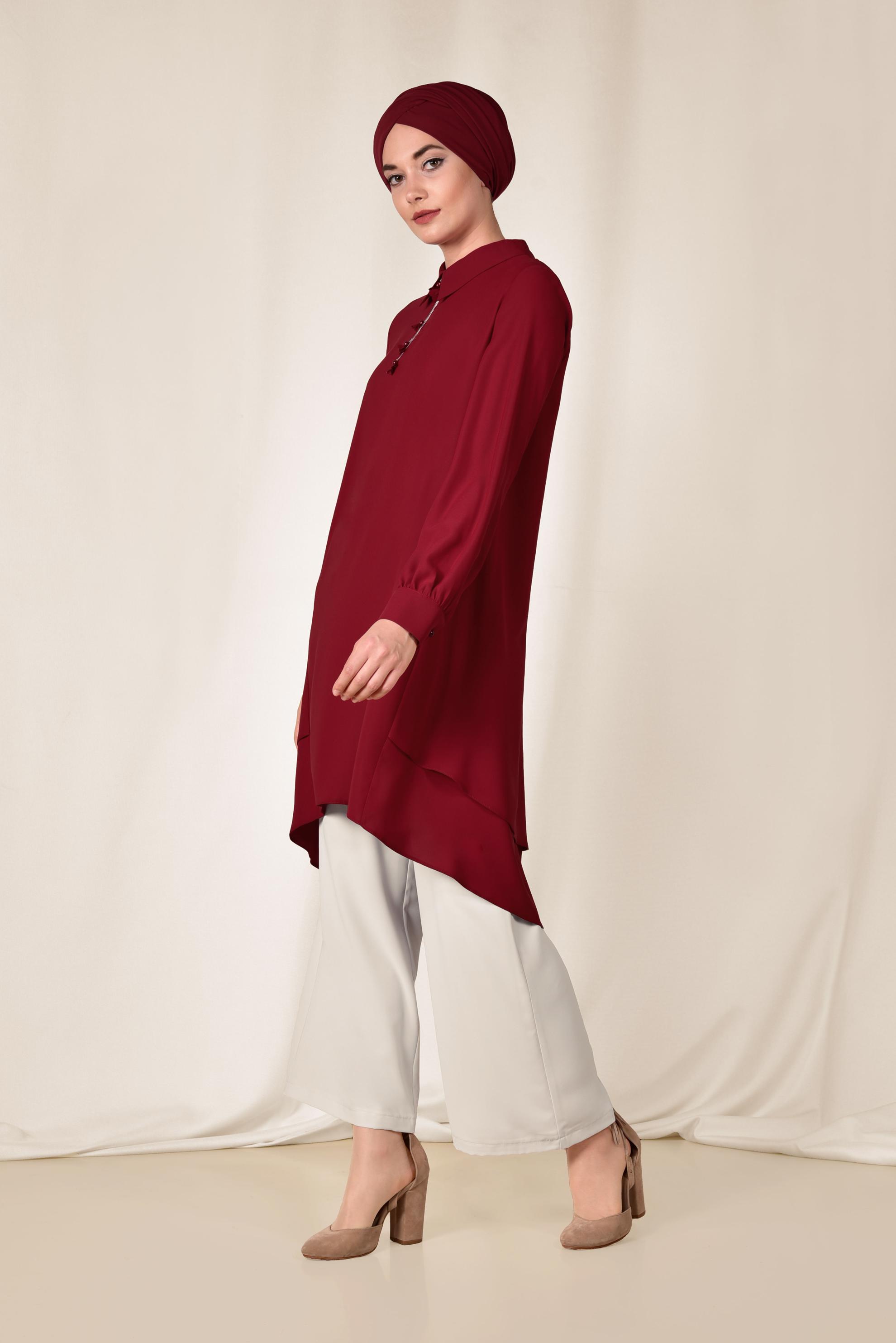 Tesettür giyim BORDO ASİMETRİK KESİM VOLANLI 2&prime;Lİ PANTOLONLU TAKIM 3502