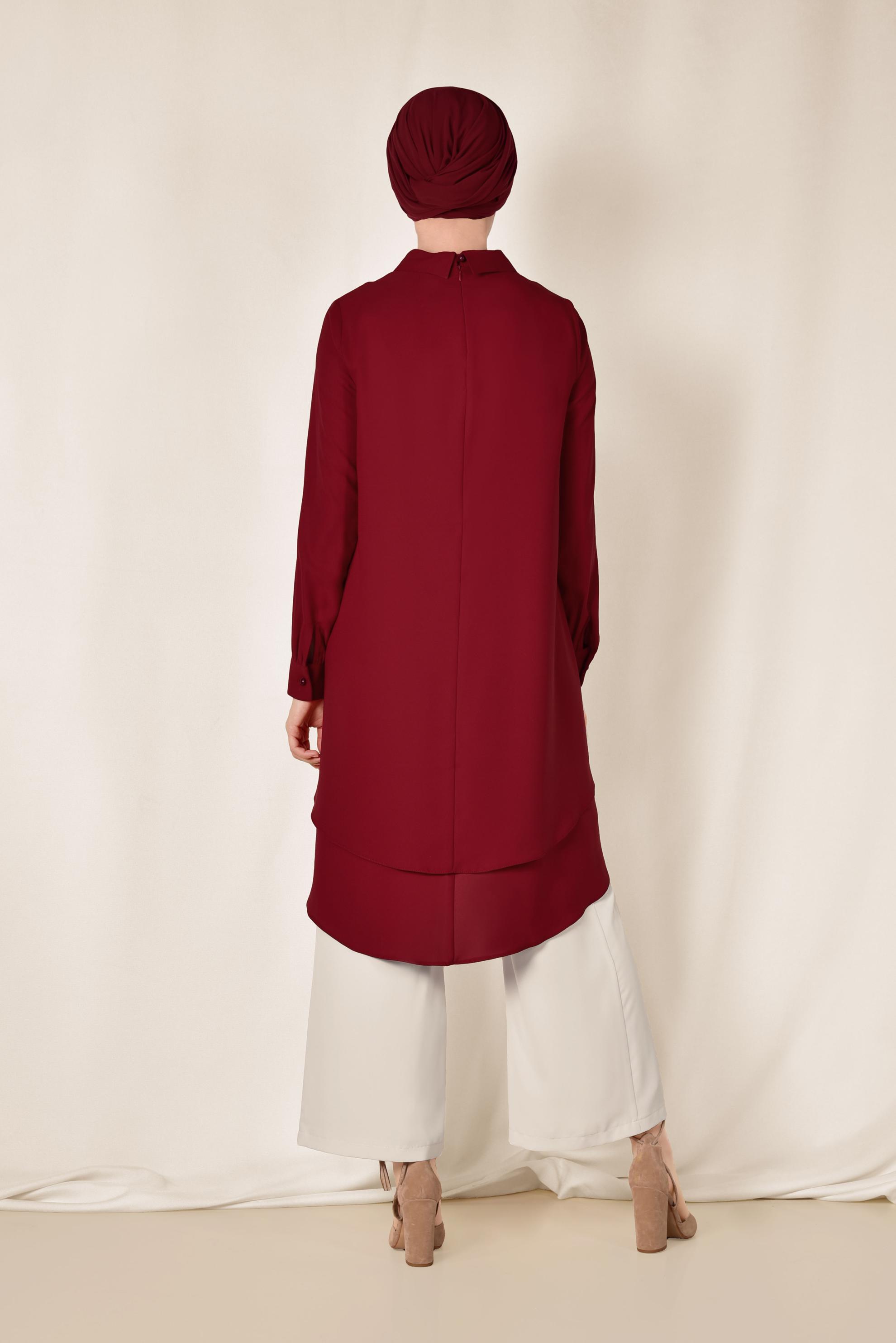 Tesettür giyim BORDO ASİMETRİK KESİM VOLANLI 2&prime;Lİ PANTOLONLU TAKIM 3502