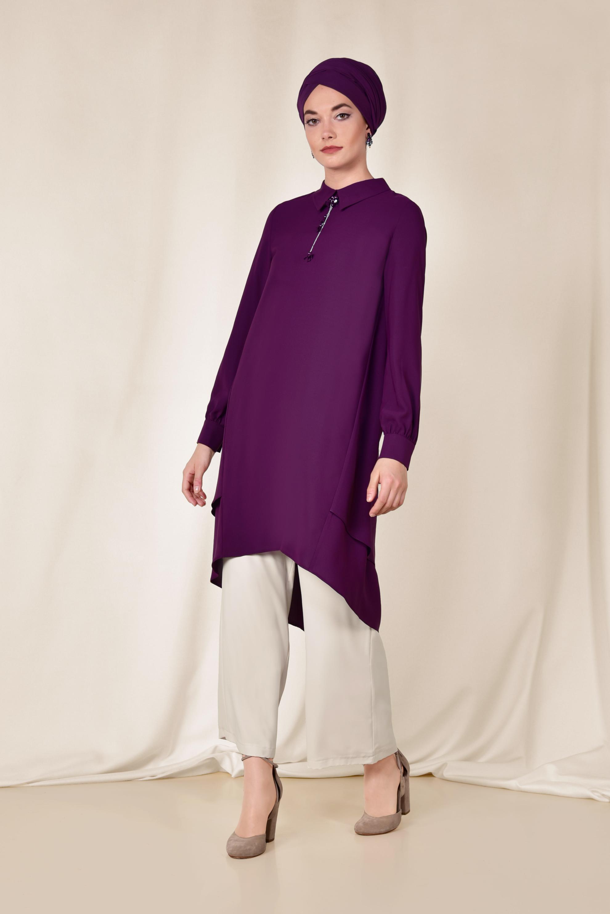 Tesettür giyim MÜRDÜM ASİMETRİK KESİM VOLANLI 2&prime;Lİ PANTOLONLU TAKIM 3502