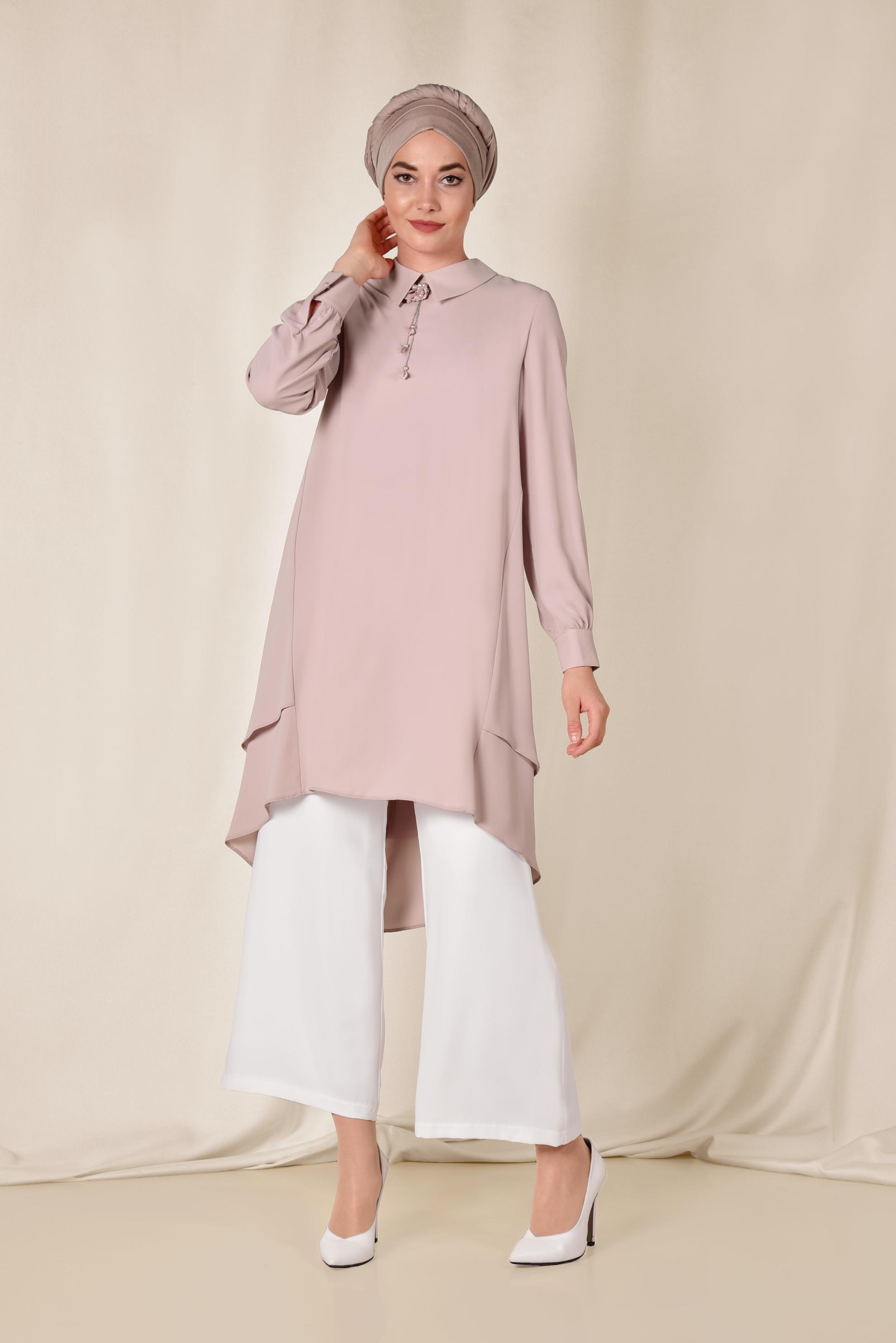 Tesettür giyim PUDRA ASİMETRİK KESİM VOLANLI 2&prime;Lİ PANTOLONLU TAKIM 3502