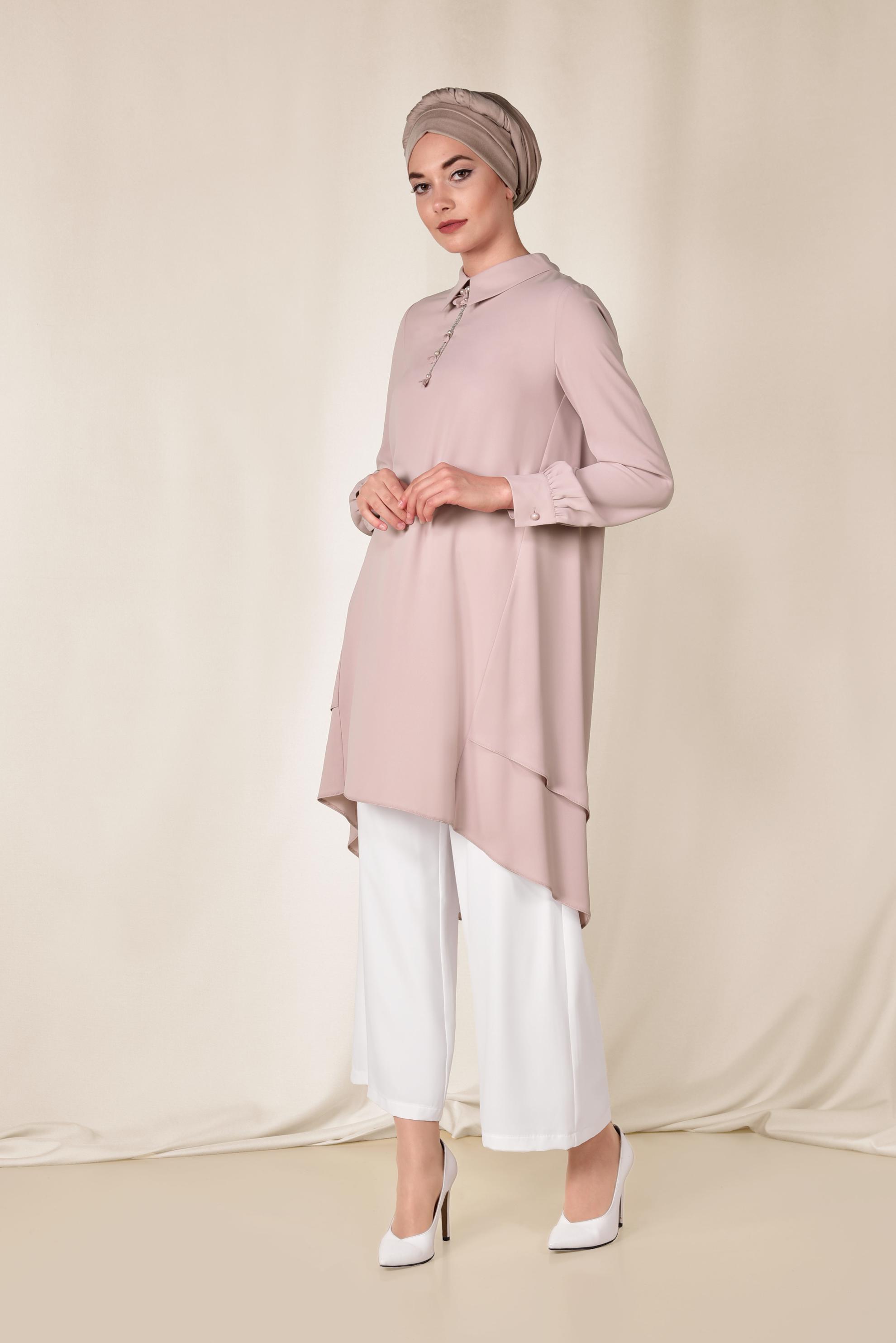 Tesettür giyim PUDRA ASİMETRİK KESİM VOLANLI 2&prime;Lİ PANTOLONLU TAKIM 3502