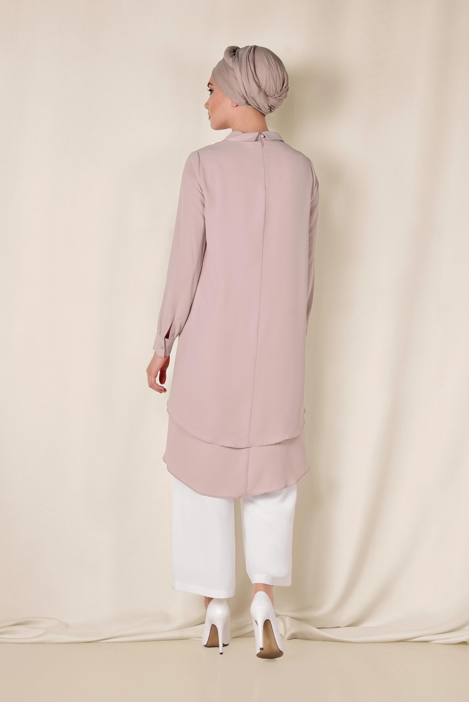 Tesettür giyim PUDRA ASİMETRİK KESİM VOLANLI 2&prime;Lİ PANTOLONLU TAKIM 3502