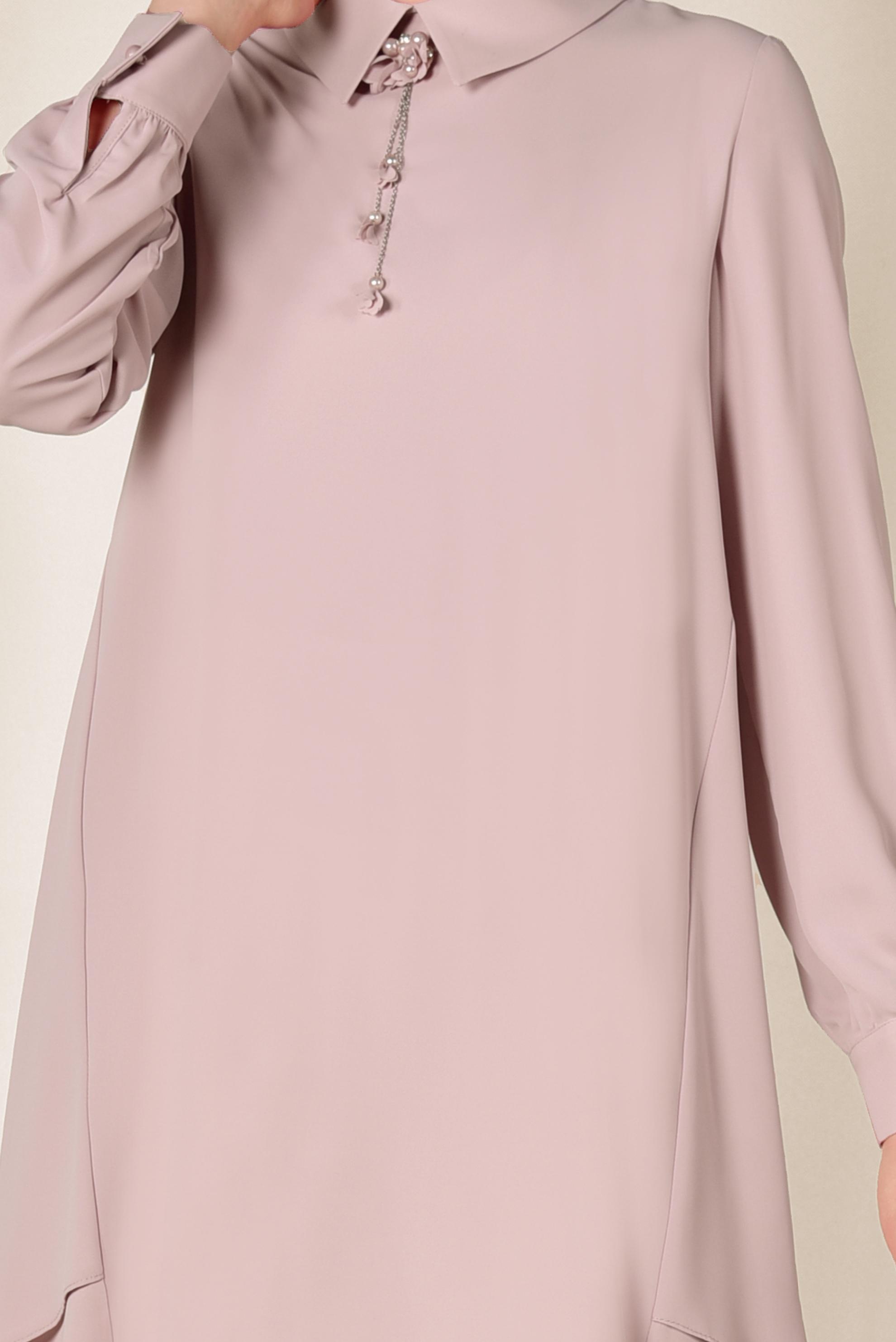 Tesettür giyim PUDRA ASİMETRİK KESİM VOLANLI 2&prime;Lİ PANTOLONLU TAKIM 3502