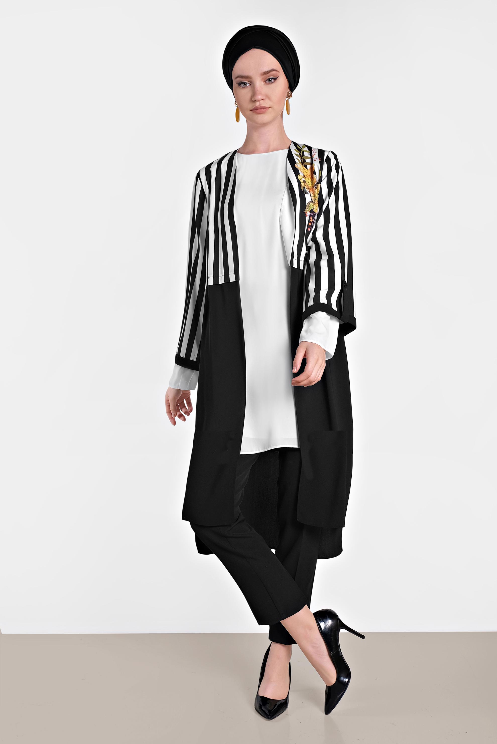 Tesettür giyim SİYAH ÇİZGİ VE FLORAL DESENLİ ÜÇLÜ PANTOLONLU TAKIM 3504 