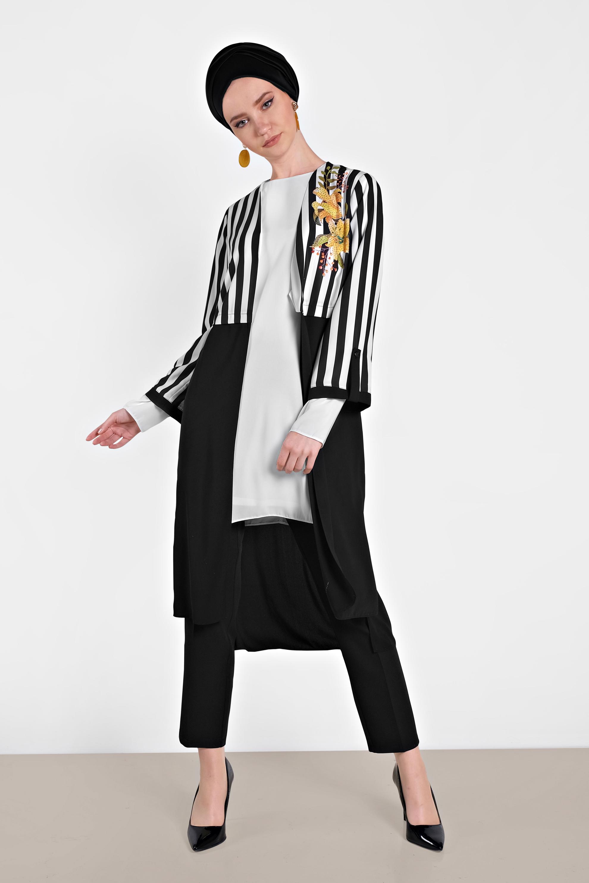 Tesettür giyim SİYAH ÇİZGİ VE FLORAL DESENLİ ÜÇLÜ PANTOLONLU TAKIM 3504 