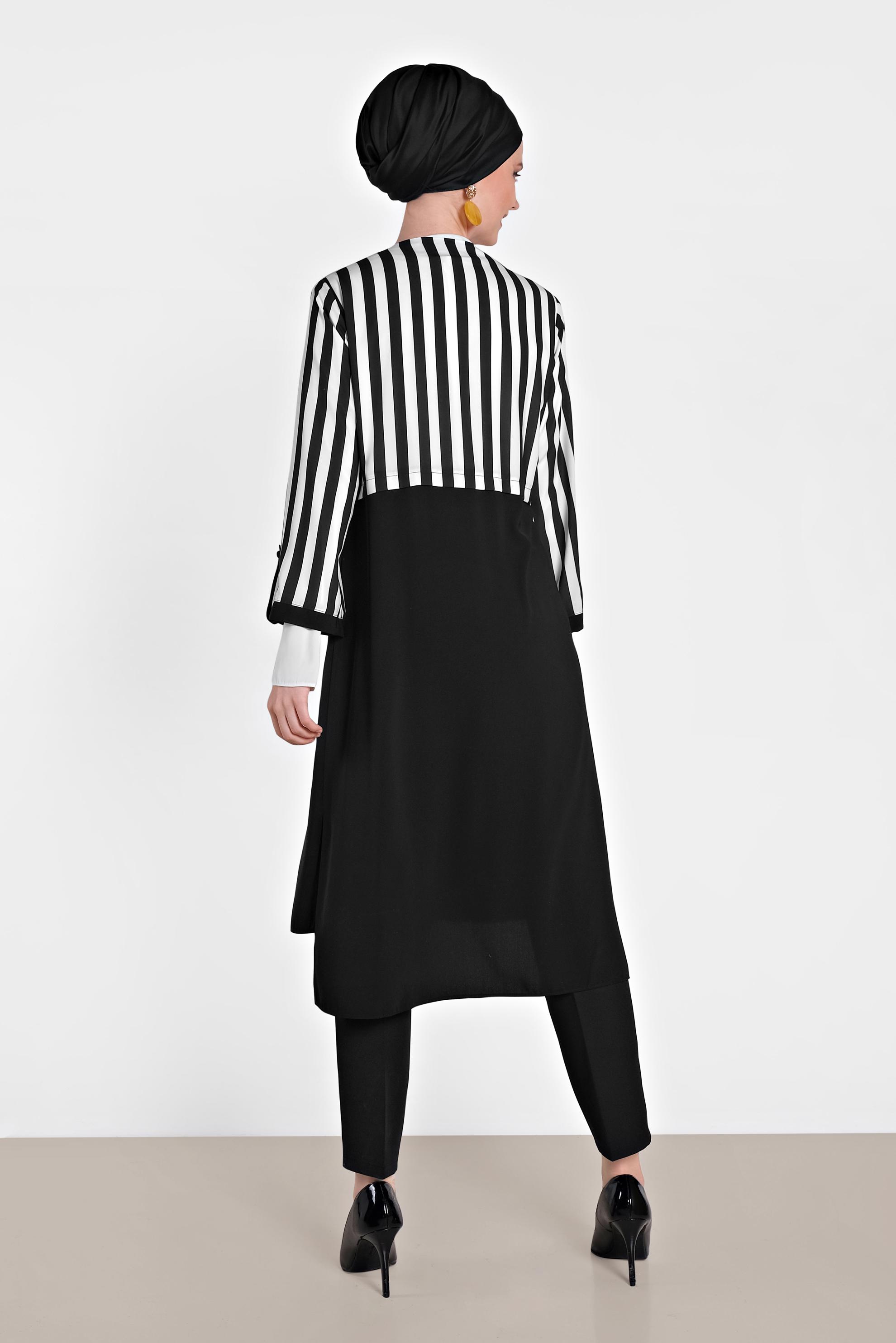 Tesettür giyim SİYAH ÇİZGİ VE FLORAL DESENLİ ÜÇLÜ PANTOLONLU TAKIM 3504 