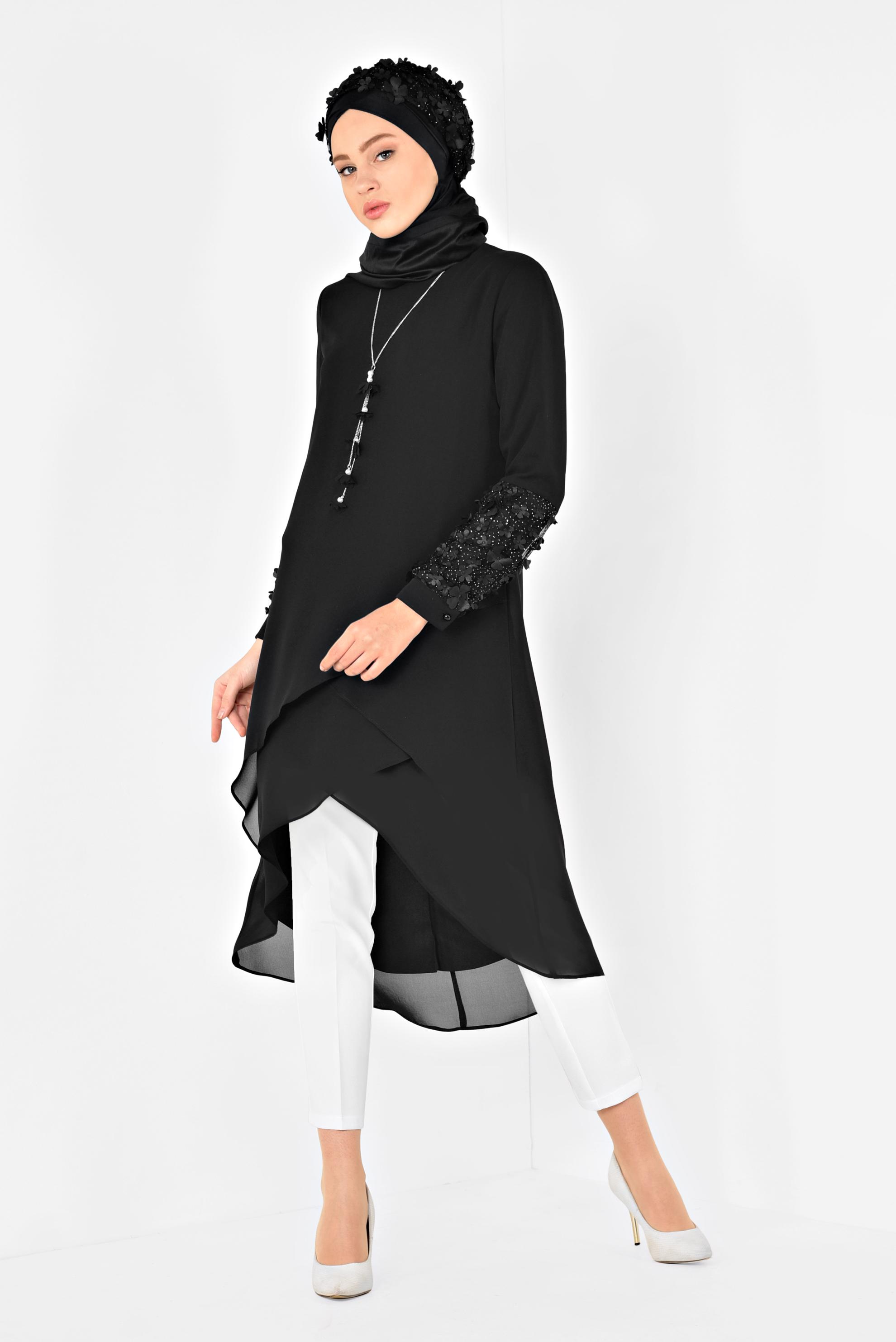 Tesettür giyim SİYAH 3 BOYUTLU ÇİÇEK DETAYLI PANTOLONLU TAKIM 3507