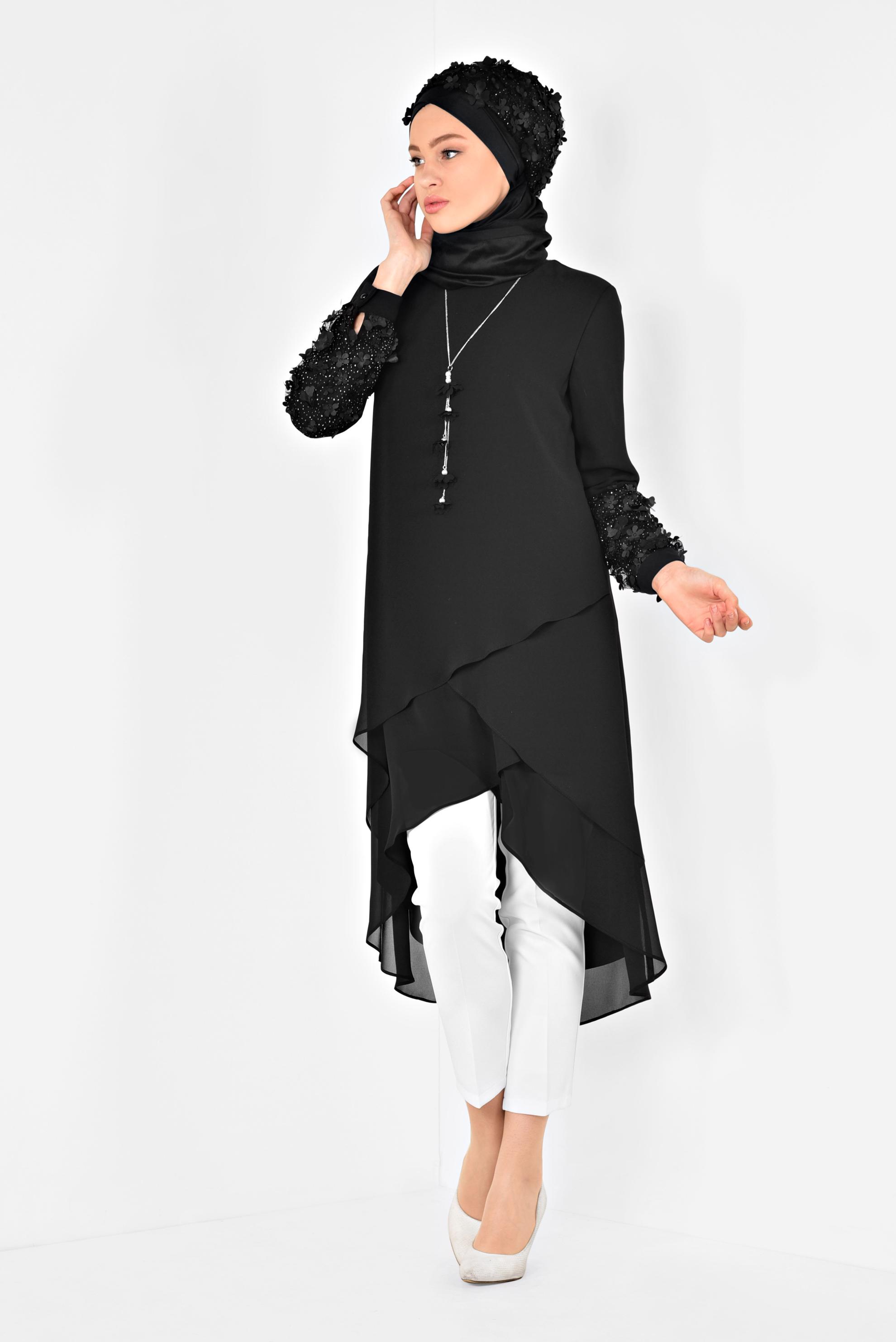 Tesettür giyim SİYAH 3 BOYUTLU ÇİÇEK DETAYLI PANTOLONLU TAKIM 3507