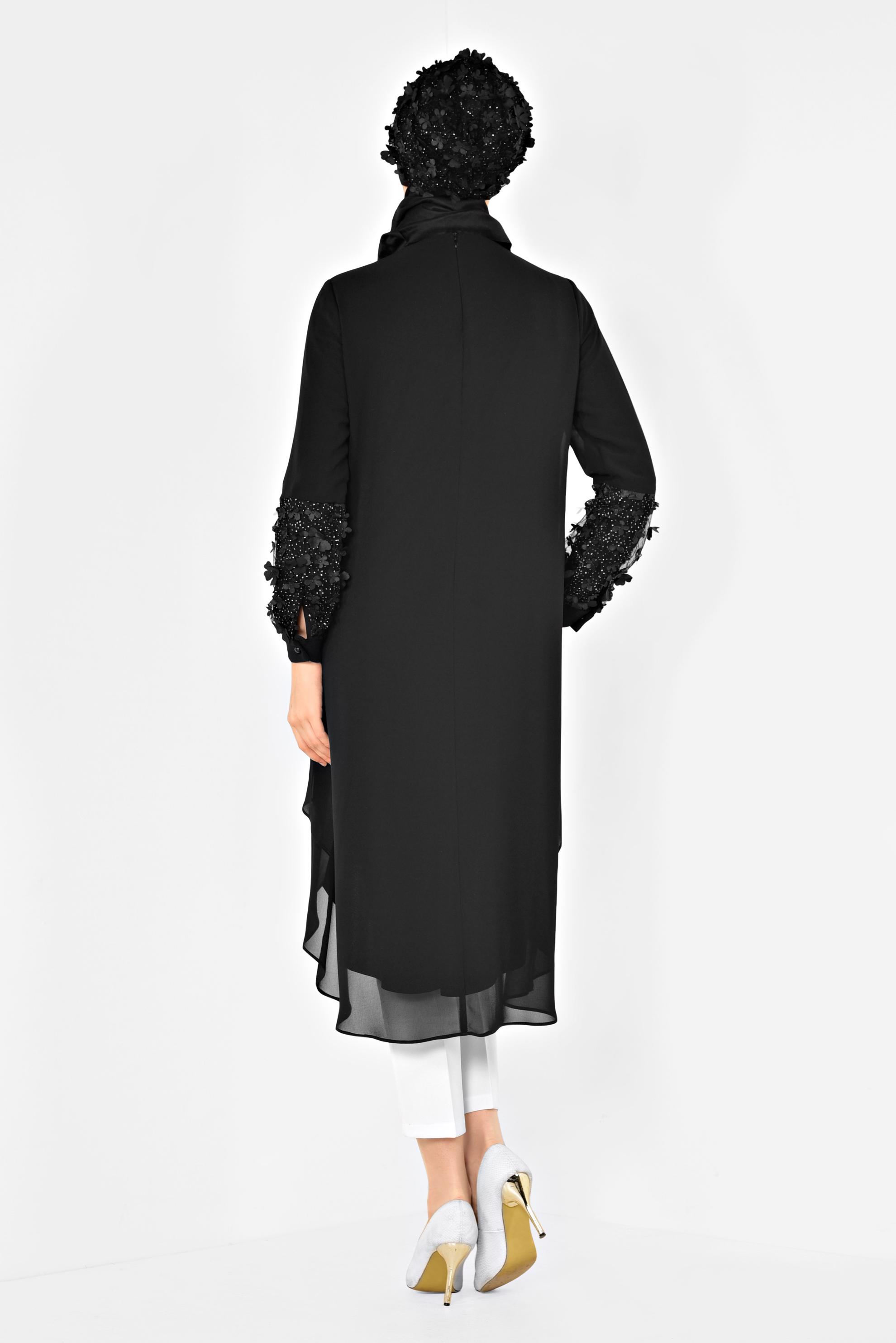 Tesettür giyim SİYAH 3 BOYUTLU ÇİÇEK DETAYLI PANTOLONLU TAKIM 3507