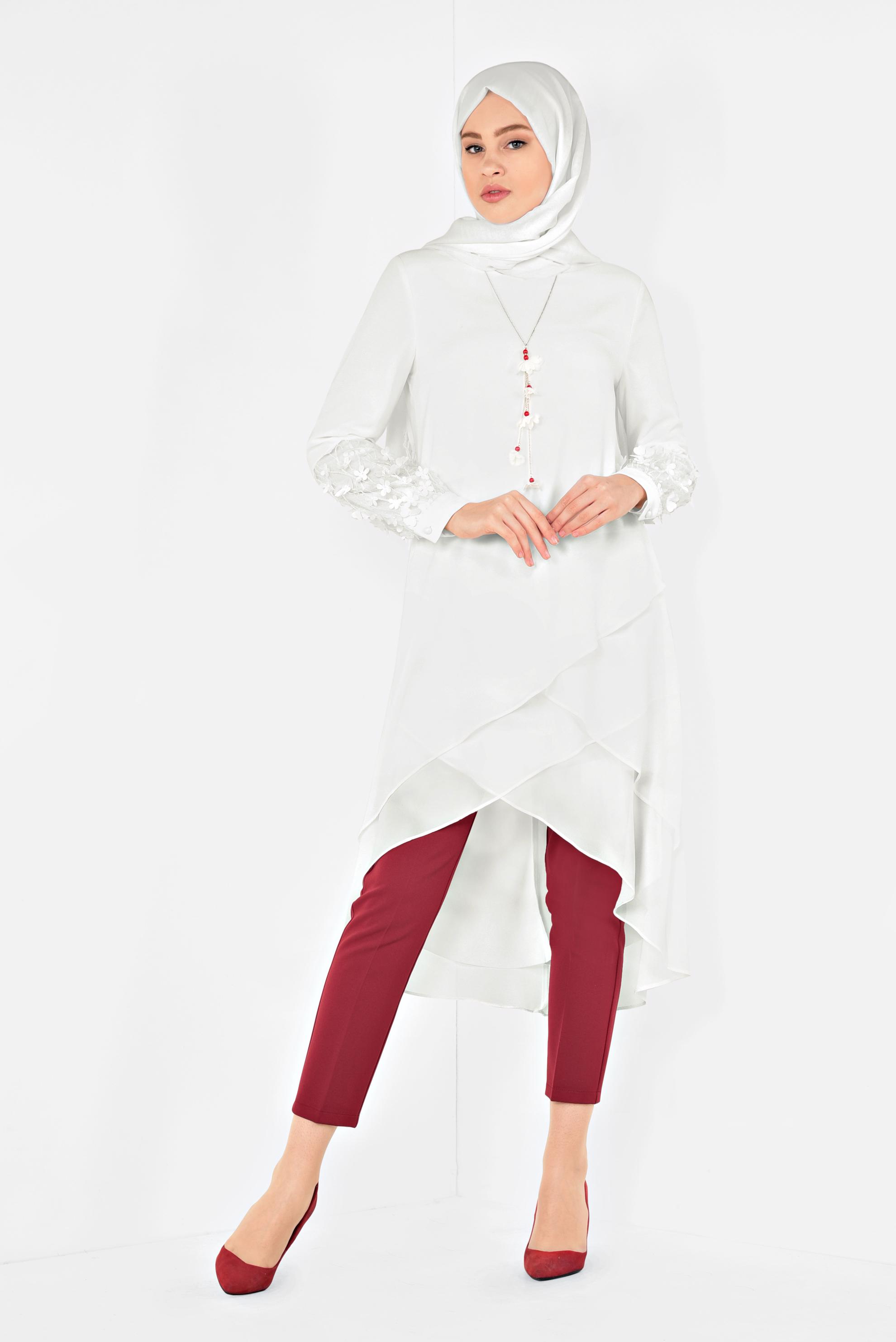Tesettür giyim BEYAZ 3 BOYUTLU ÇİÇEK DETAYLI PANTOLONLU TAKIM 3507