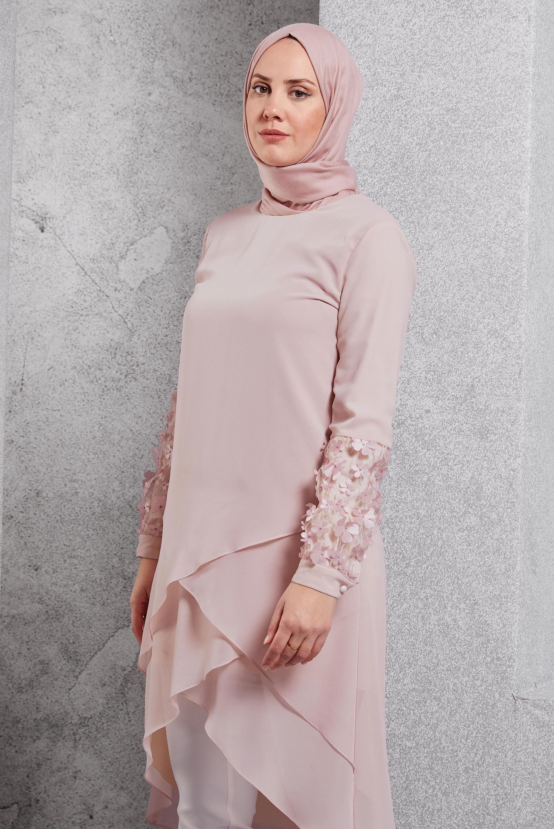 Tesettür giyim PUDRA 3 BOYUTLU ÇİÇEK DETAYLI PANTOLONLU TAKIM 3507