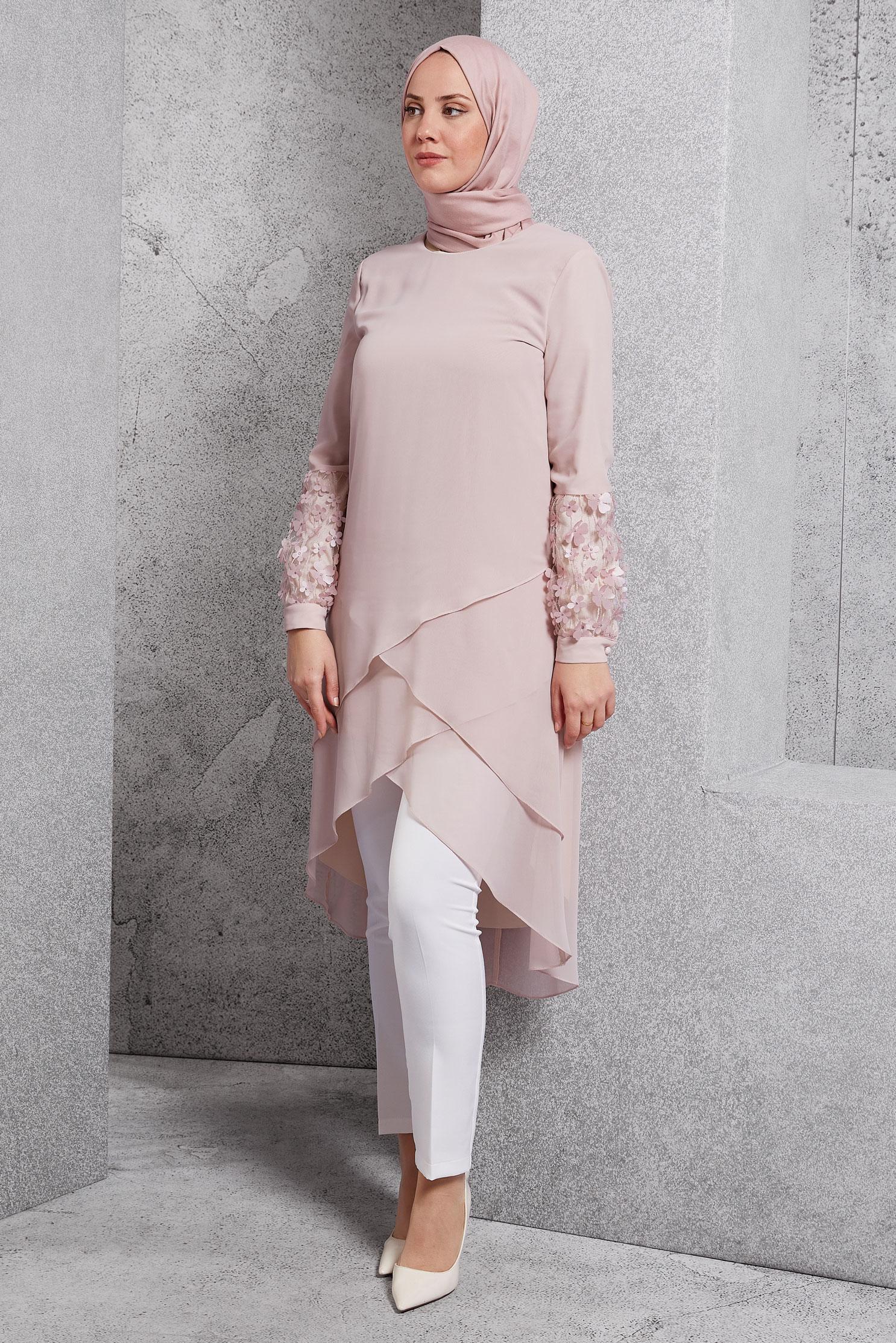 Tesettür giyim PUDRA 3 BOYUTLU ÇİÇEK DETAYLI PANTOLONLU TAKIM 3507