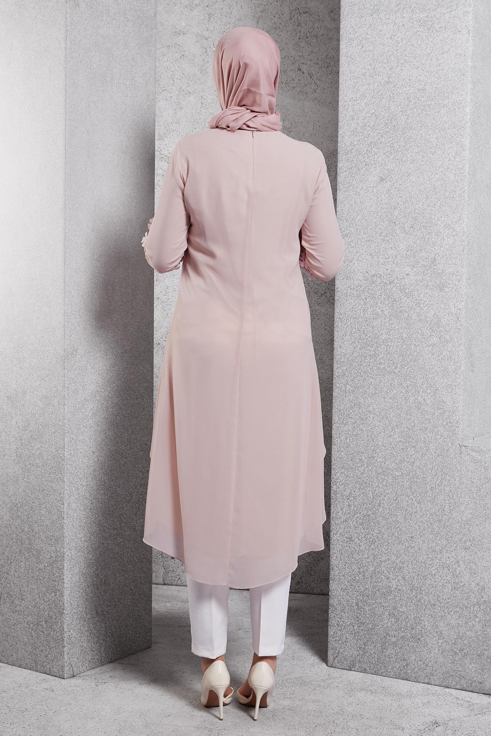 Tesettür giyim PUDRA 3 BOYUTLU ÇİÇEK DETAYLI PANTOLONLU TAKIM 3507