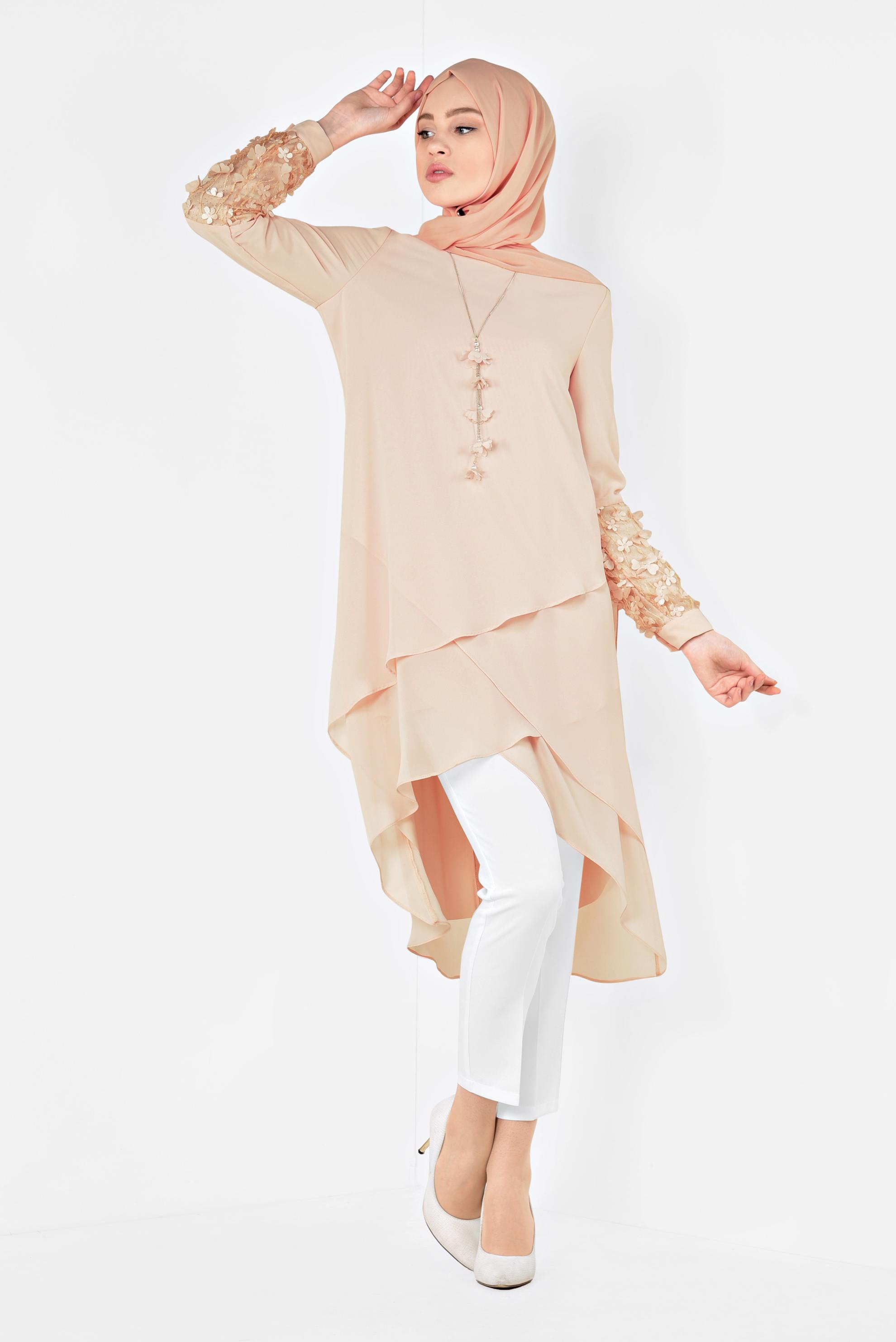 Tesettür giyim PUDRA 3 BOYUTLU ÇİÇEK DETAYLI PANTOLONLU TAKIM 3507