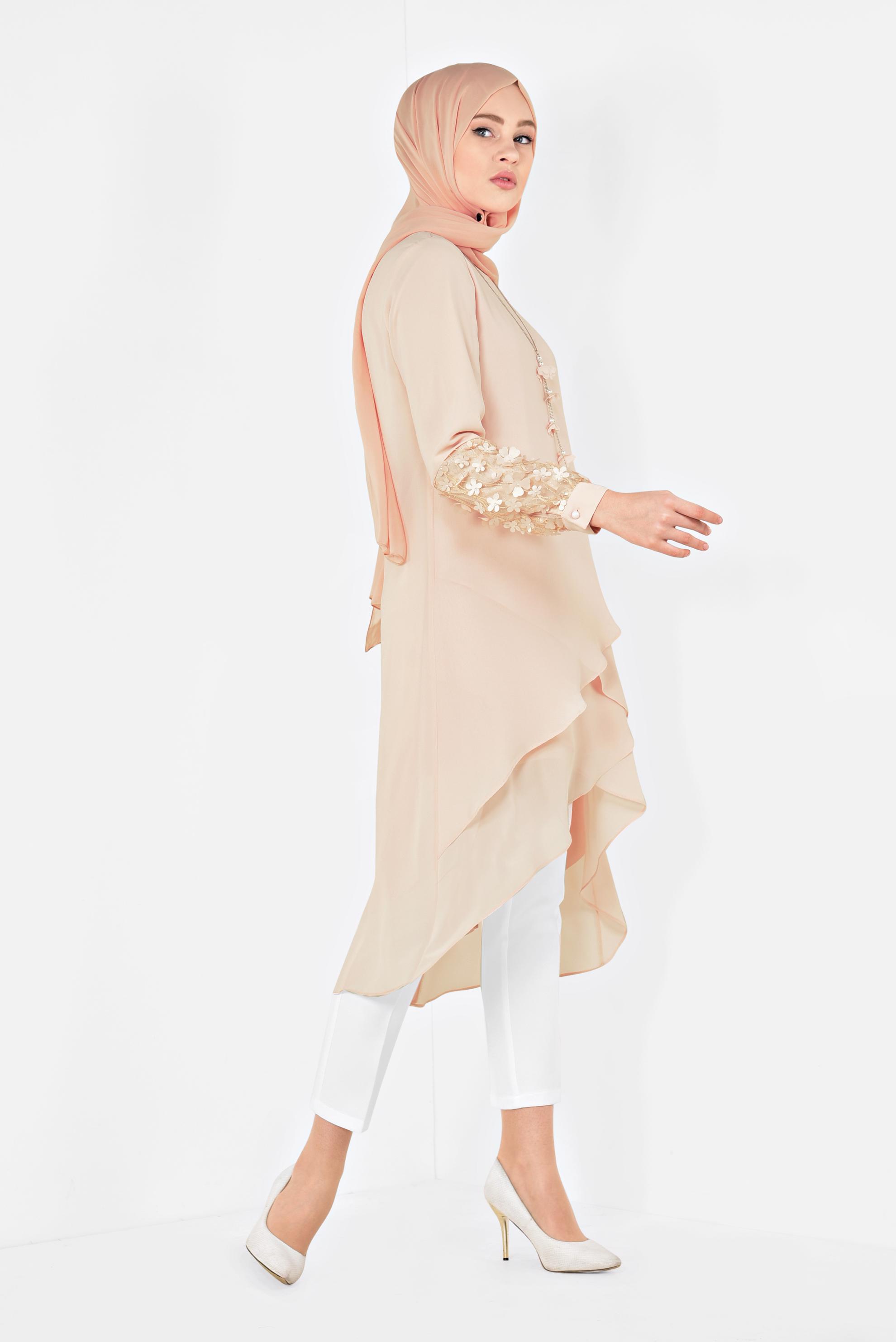 Tesettür giyim PUDRA 3 BOYUTLU ÇİÇEK DETAYLI PANTOLONLU TAKIM 3507