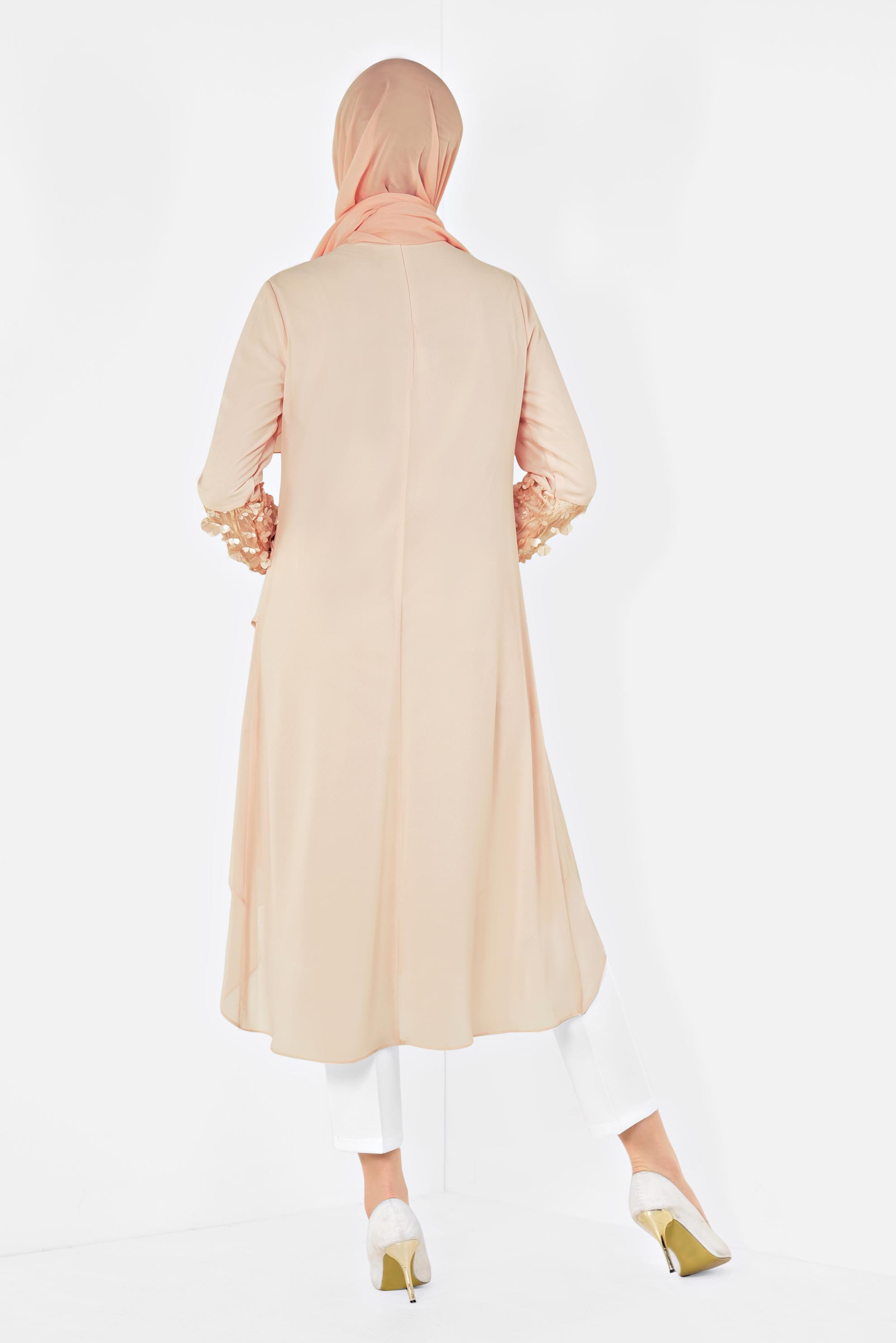 Tesettür giyim PUDRA 3 BOYUTLU ÇİÇEK DETAYLI PANTOLONLU TAKIM 3507