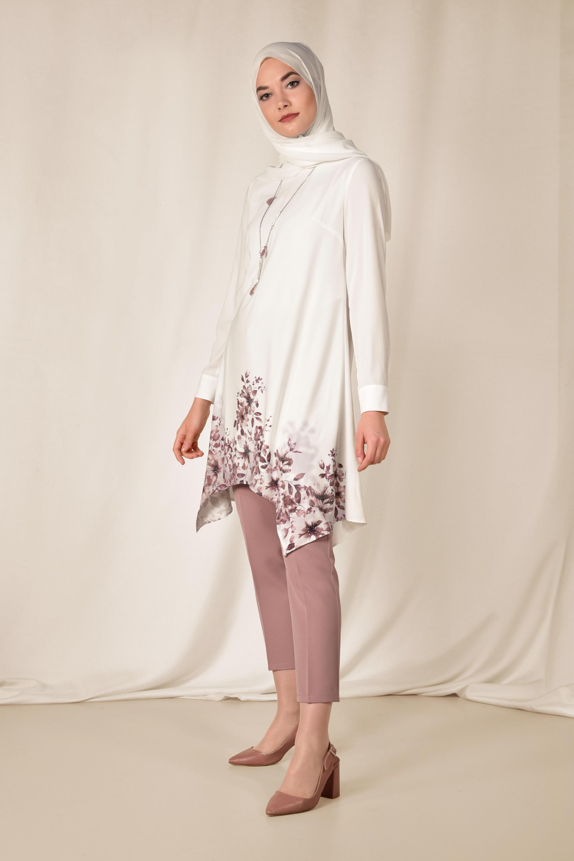 Tesettür giyim BEJ ETEK UCU FLORAL DESENLİ İKİLİ PANTOLONLU TAKIM 3511