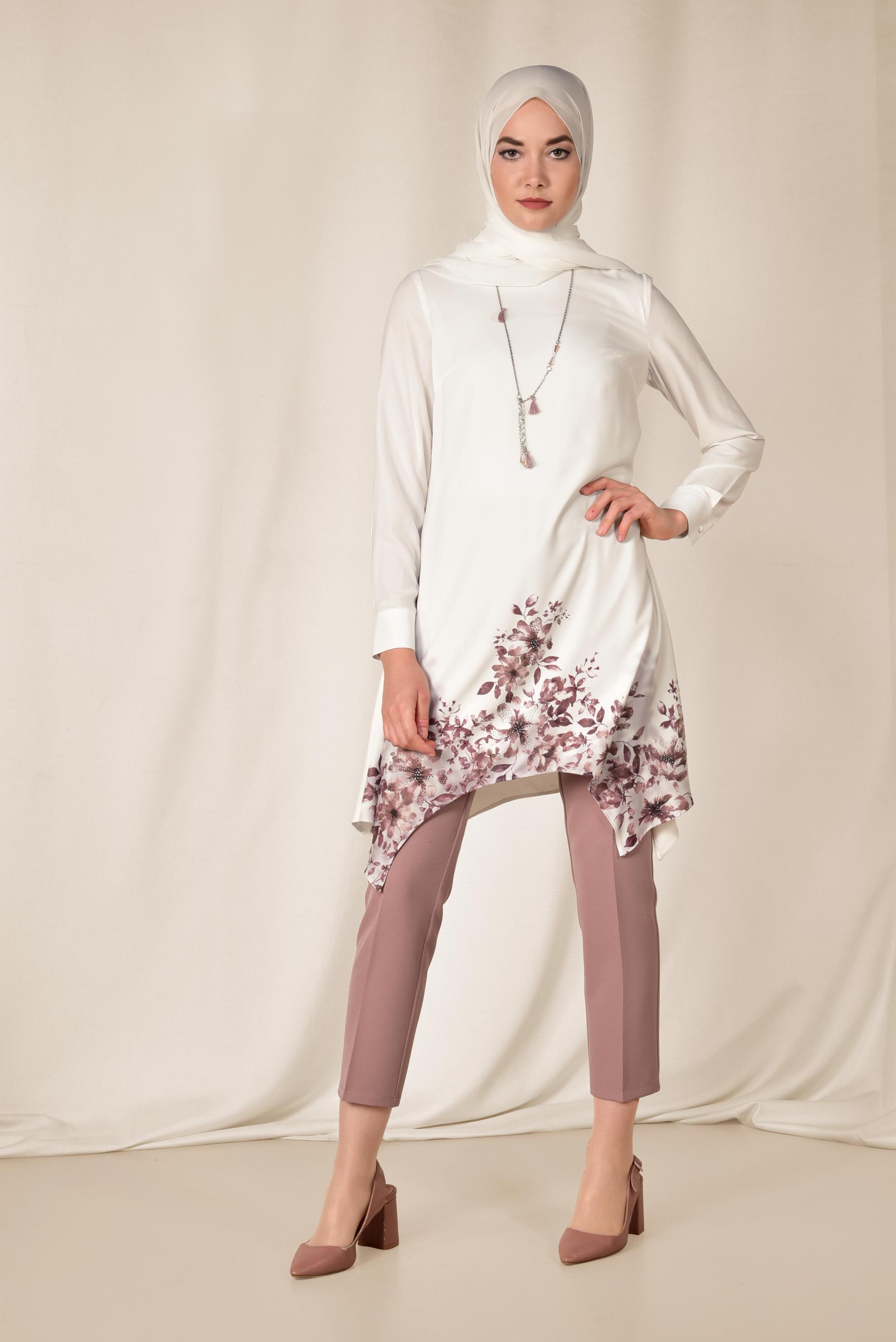Tesettür giyim BEJ ETEK UCU FLORAL DESENLİ İKİLİ PANTOLONLU TAKIM 3511