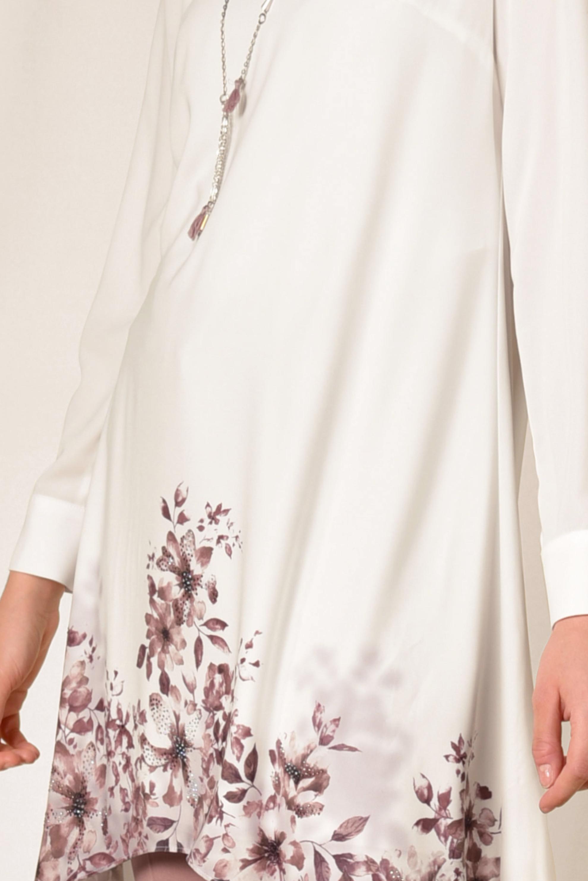 Tesettür giyim BEJ ETEK UCU FLORAL DESENLİ İKİLİ PANTOLONLU TAKIM 3511