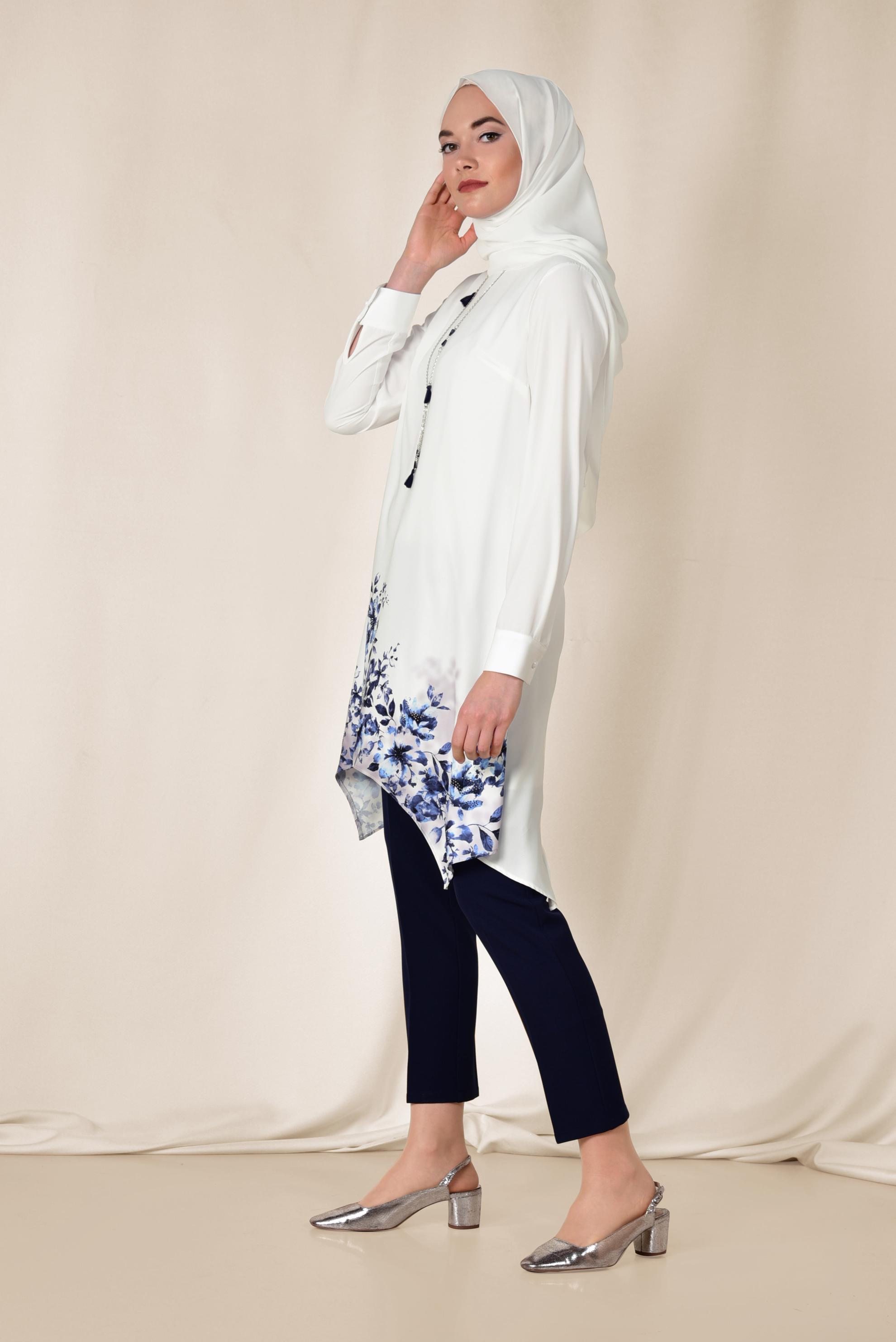 Tesettür giyim BEJ ETEK UCU FLORAL DESENLİ İKİLİ PANTOLONLU TAKIM 3511