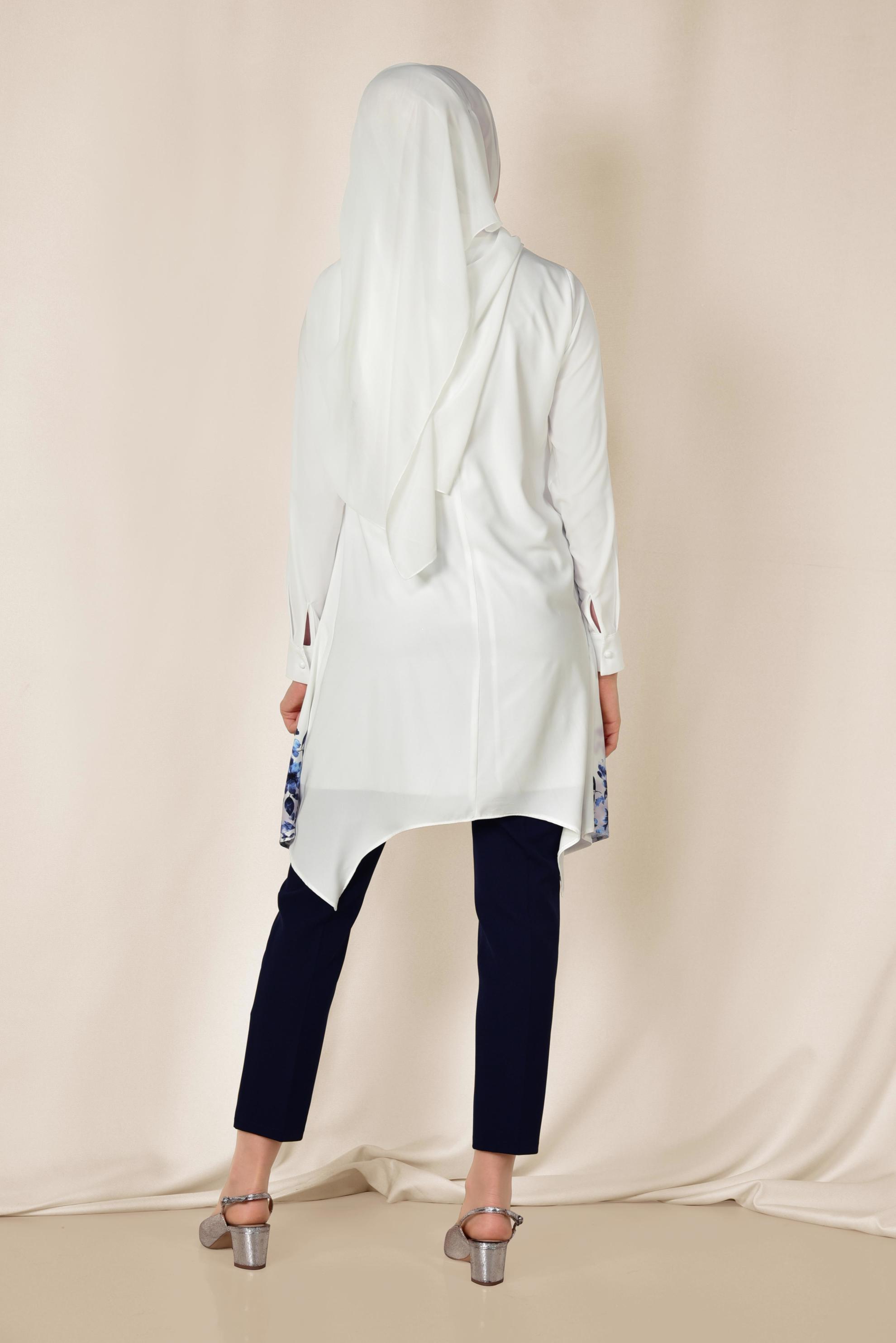 Tesettür giyim BEJ ETEK UCU FLORAL DESENLİ İKİLİ PANTOLONLU TAKIM 3511