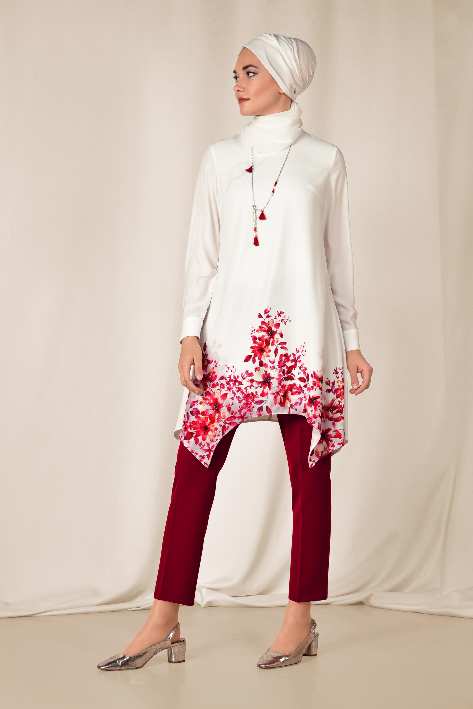 Tesettür giyim BEJ ETEK UCU FLORAL DESENLİ İKİLİ PANTOLONLU TAKIM 3511