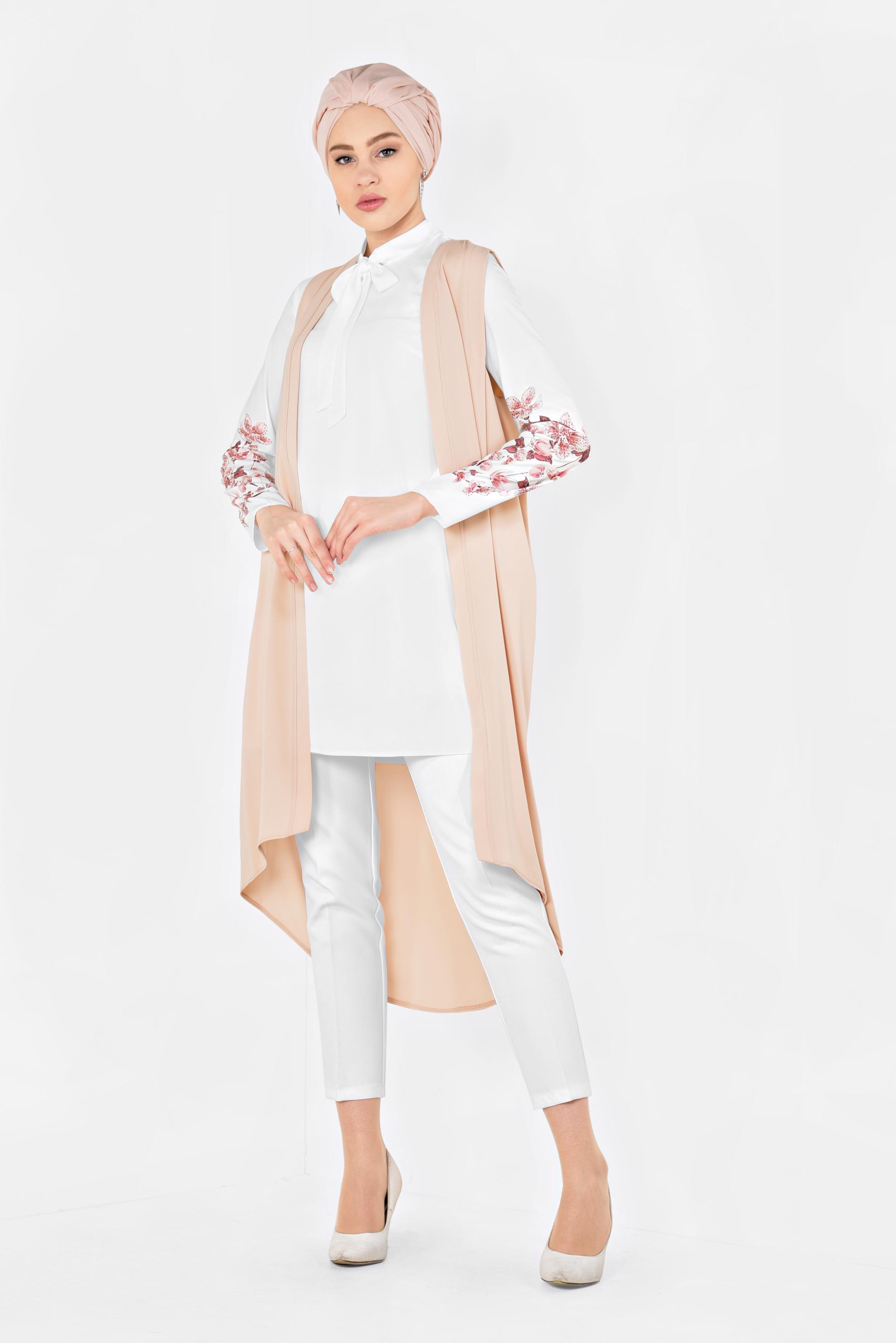 Tesettür giyim PUDRA KOLLARI ÇİÇEK DESENLİ ÜÇLÜ PANTOLONLU TAKIM 3513 