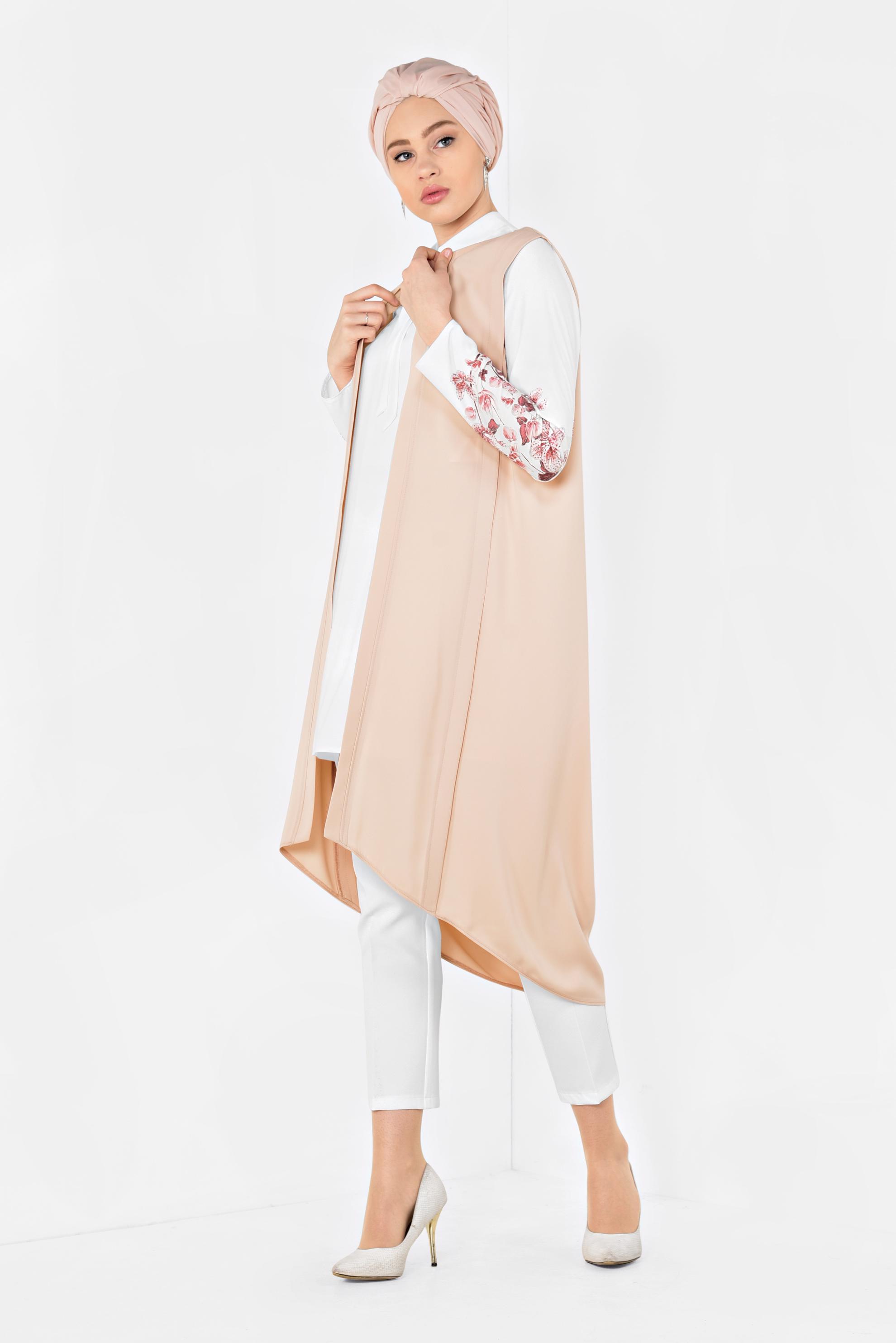 Tesettür giyim PUDRA KOLLARI ÇİÇEK DESENLİ ÜÇLÜ PANTOLONLU TAKIM 3513 