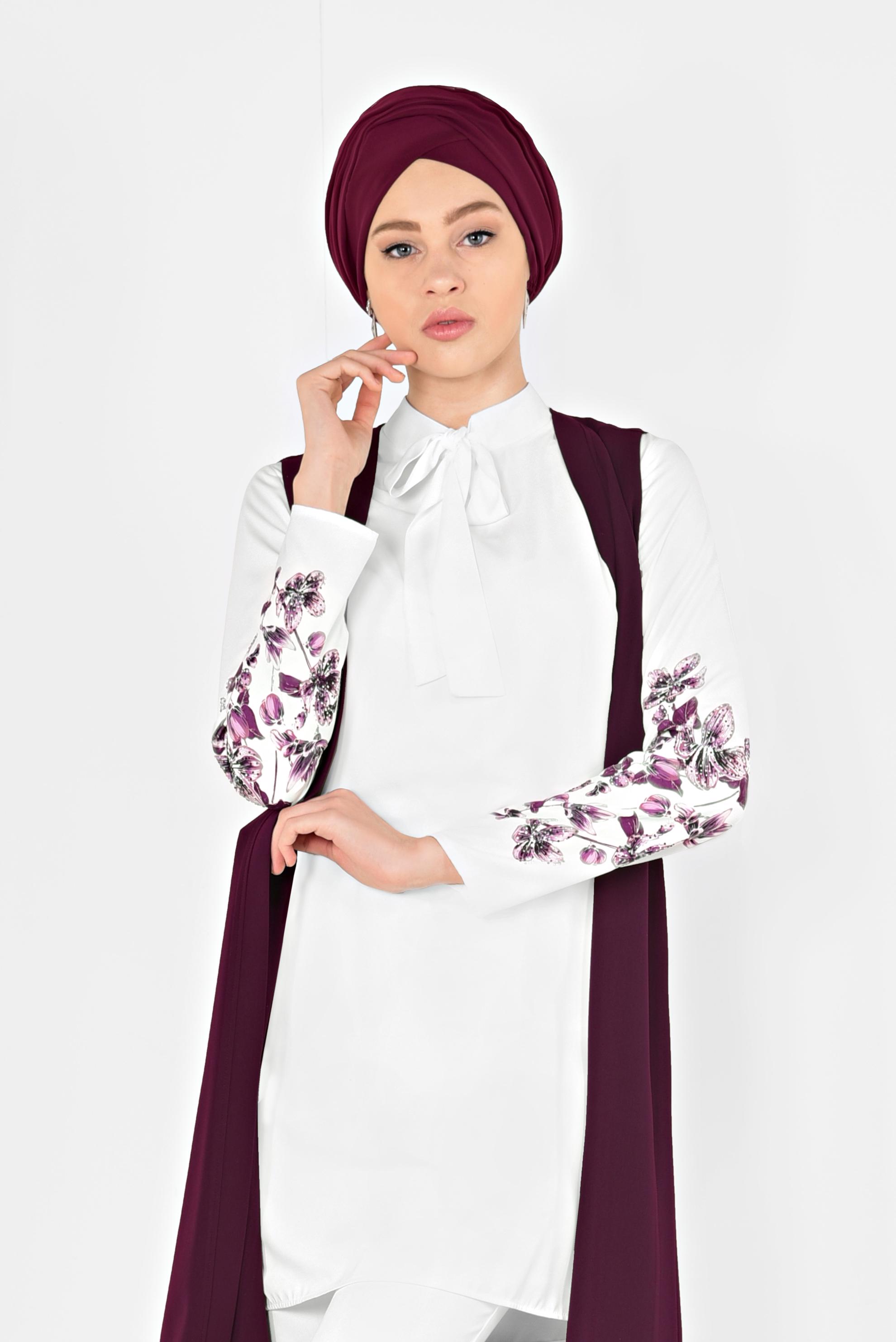 Tesettür giyim MÜRDÜM KOLLARI ÇİÇEK DESENLİ ÜÇLÜ PANTOLONLU TAKIM 3513 