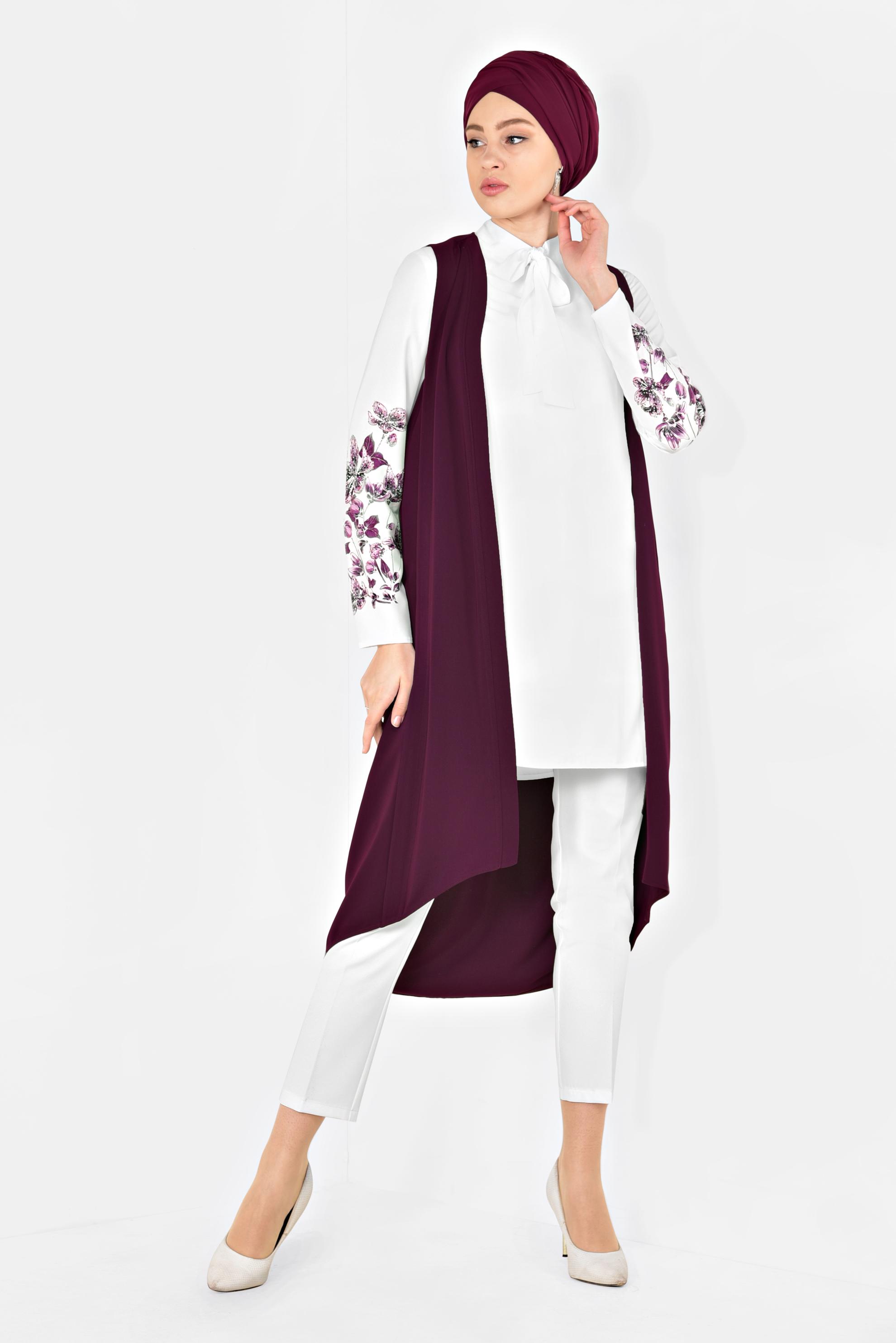 Tesettür giyim MÜRDÜM KOLLARI ÇİÇEK DESENLİ ÜÇLÜ PANTOLONLU TAKIM 3513 