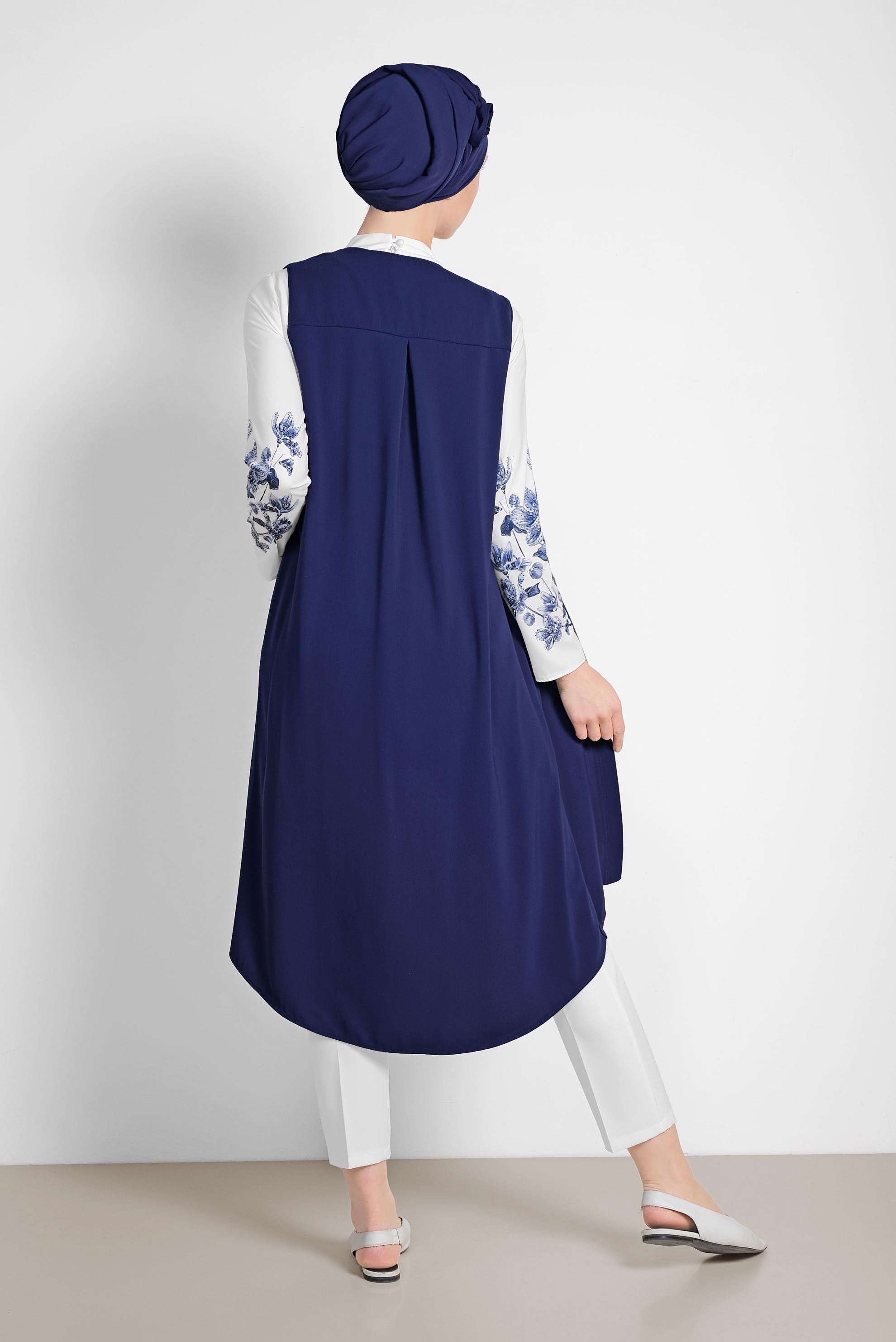 Tesettür giyim LACİVERT KOLLARI ÇİÇEK DESENLİ ÜÇLÜ PANTOLONLU TAKIM 3513 