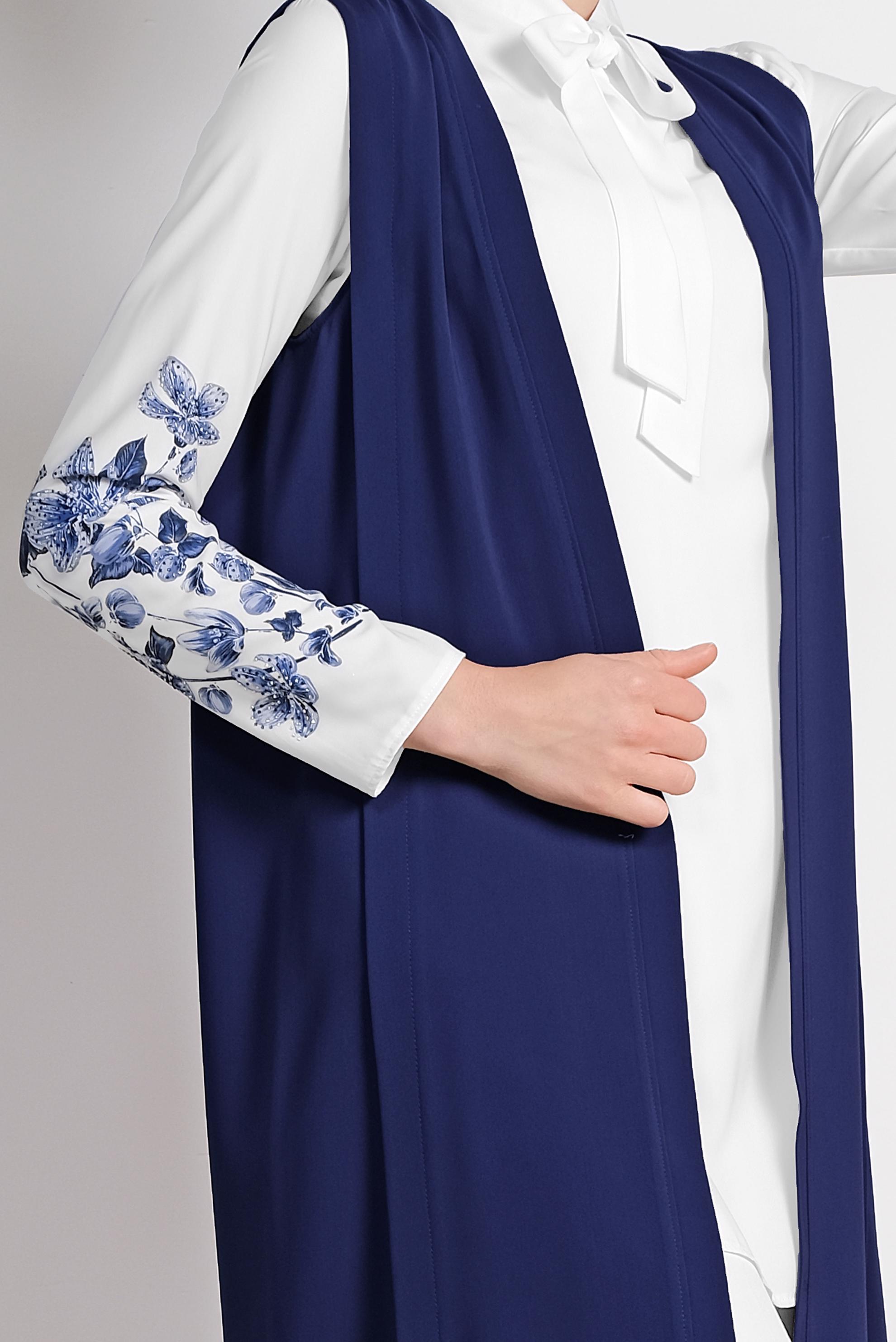 Tesettür giyim LACİVERT KOLLARI ÇİÇEK DESENLİ ÜÇLÜ PANTOLONLU TAKIM 3513 