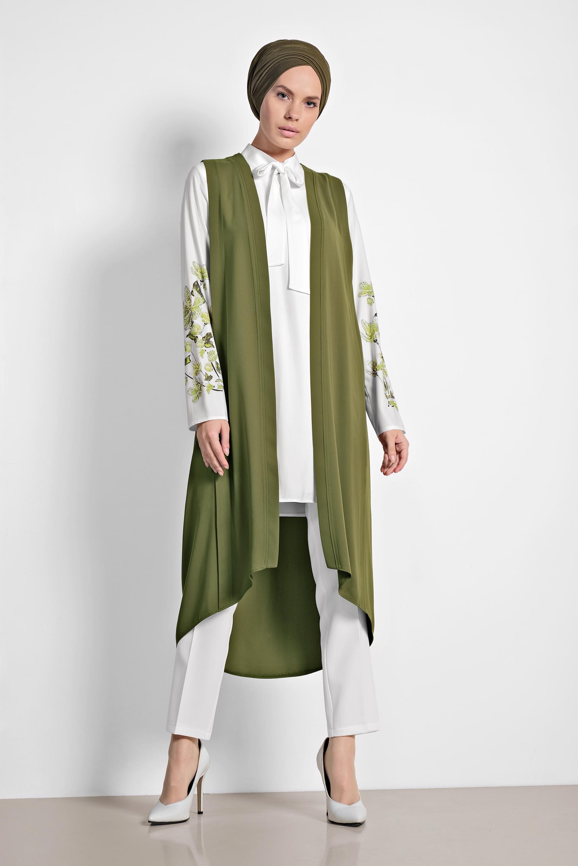 Tesettür giyim YEŞİL KOLLARI ÇİÇEK DESENLİ ÜÇLÜ PANTOLONLU TAKIM 3513 