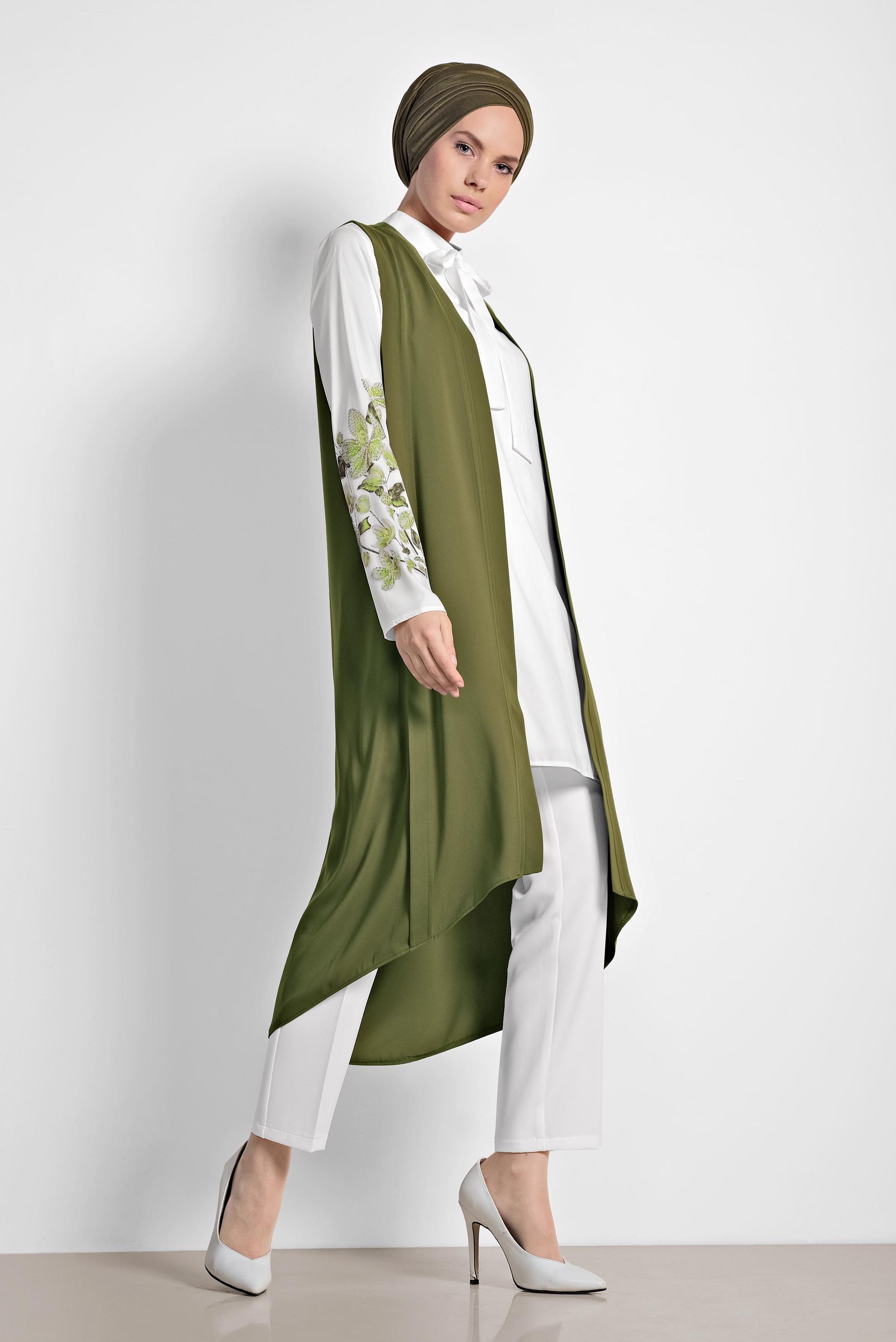 Tesettür giyim YEŞİL KOLLARI ÇİÇEK DESENLİ ÜÇLÜ PANTOLONLU TAKIM 3513 