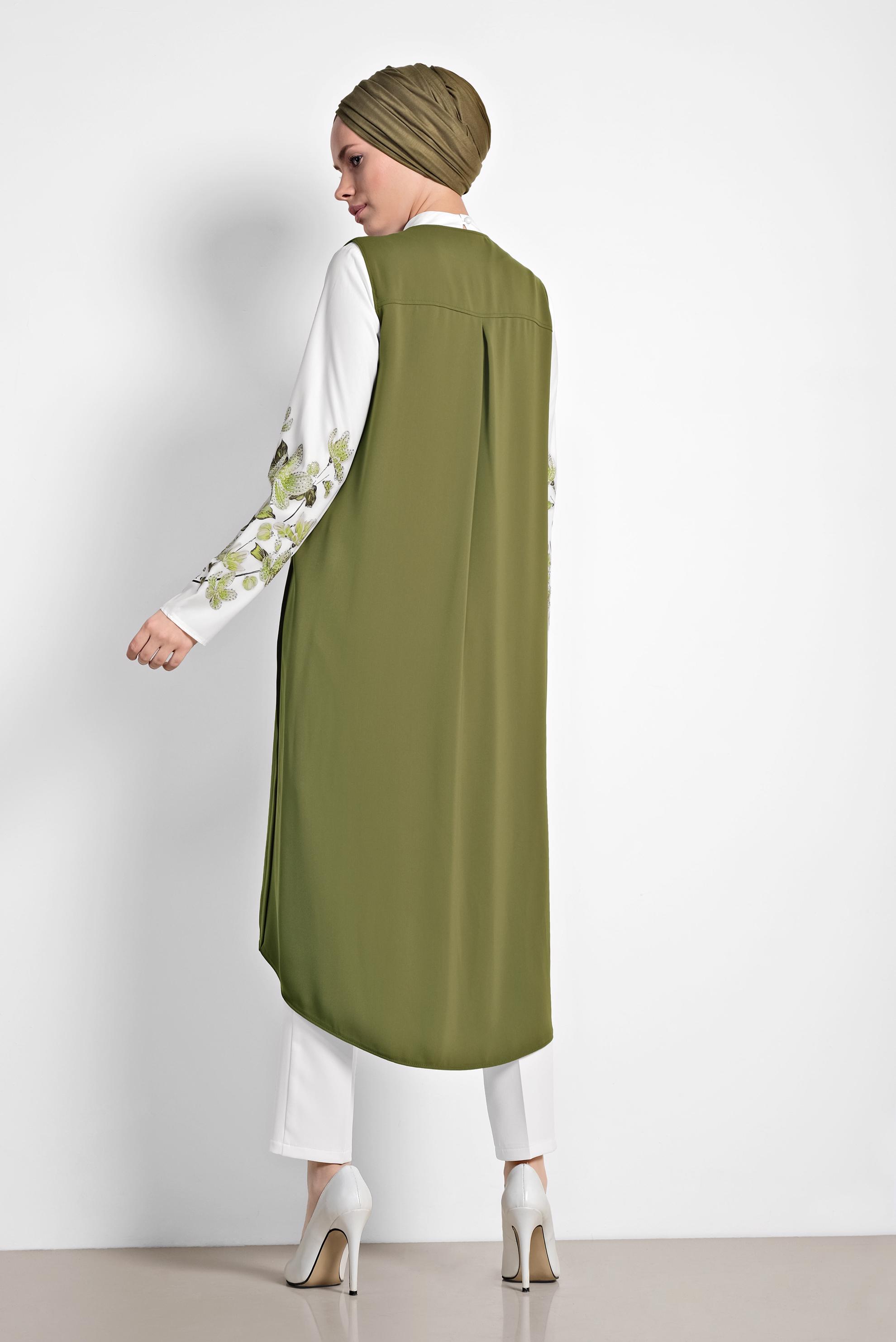 Tesettür giyim YEŞİL KOLLARI ÇİÇEK DESENLİ ÜÇLÜ PANTOLONLU TAKIM 3513 